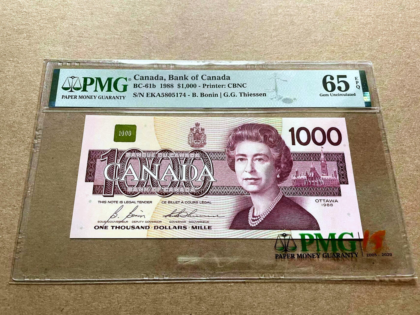【Blue Auction】✨世界纸币精拍第500期盛典——白金之夜🔥🔥🔥 C-加拿大 1988年1000元 PMG65EPQ 最高值 女王 精美 松蜡嘴鸟