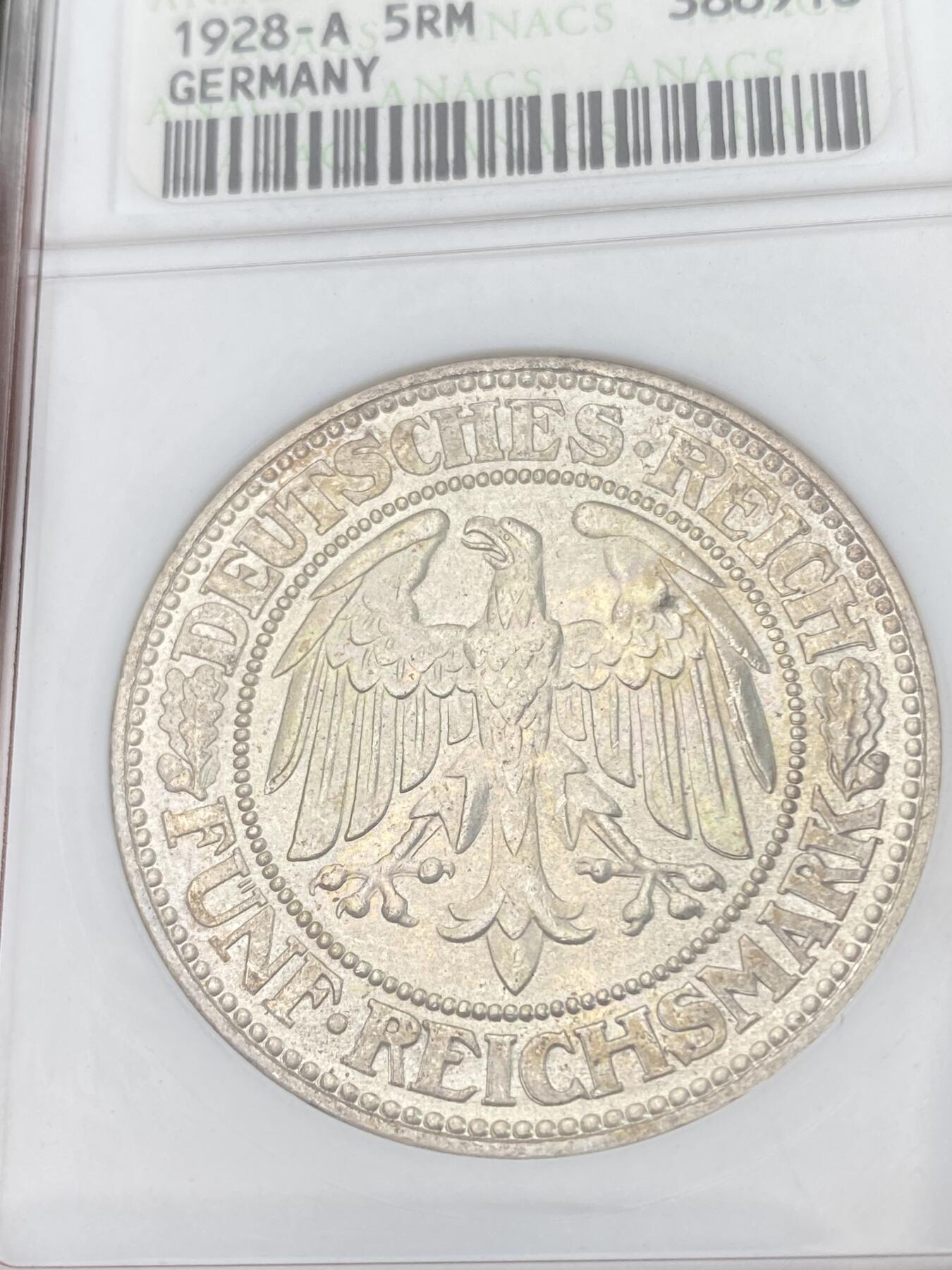 万国钱币拍卖第028期（花前月下●同享良章美币） ANACS MS64 1928年德国魏玛共和国橡树5马克 淡金彩高分好状态，丝滑强霜光，打制极佳，绝版小白盒，自藏品质，送N/P复评可能有惊喜。