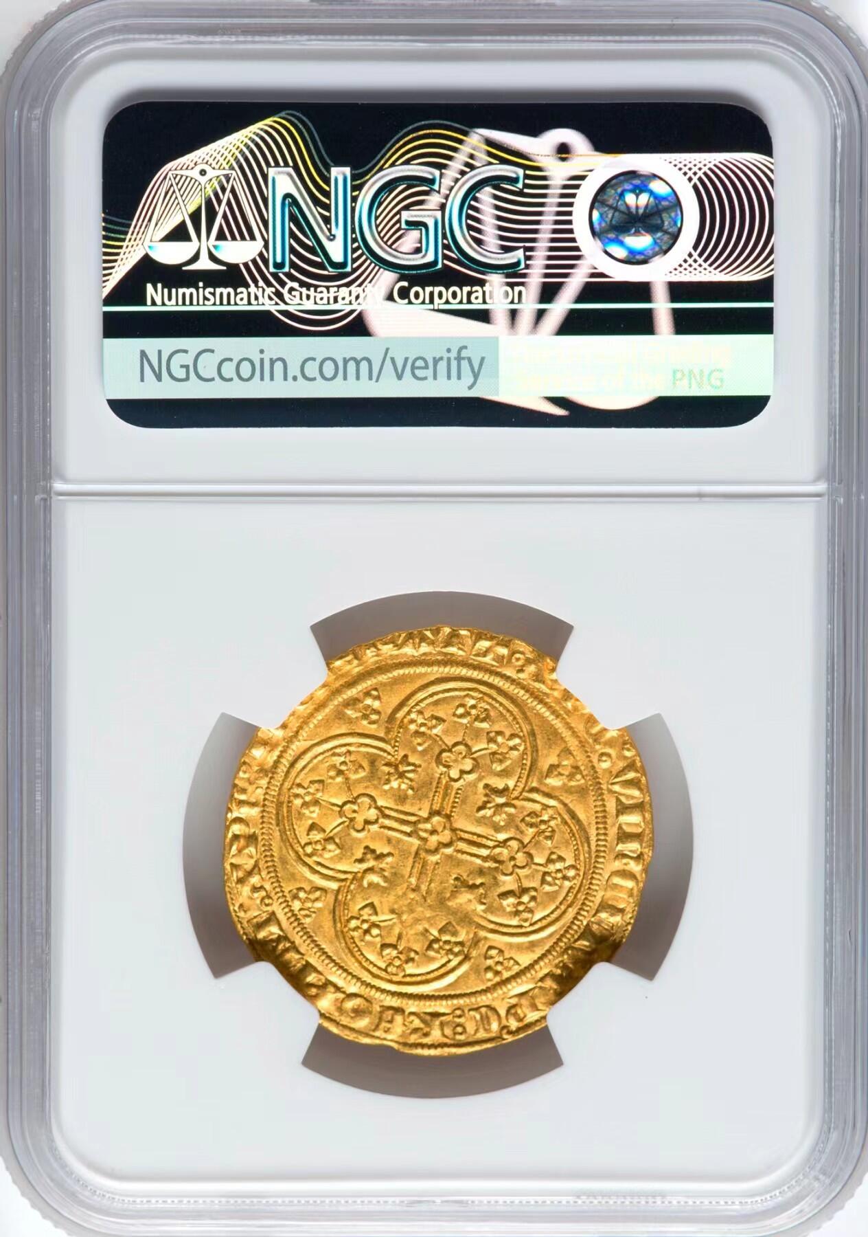 【Blue Auction】✨世界纸币精拍第500期盛典——白金之夜🔥🔥🔥 F-【法兰西瓦卢瓦王朝开国君主】法国 腓力六世 1328-50年 ECU'OR金币 NGC MS61 该枚币图案完整深峻 面容清晰 历经近700年依旧金光璀璨 状态非常难得 远胜于很多更高分 设计在当时十分出众 其在位时与英国爆发了著名的百年战争