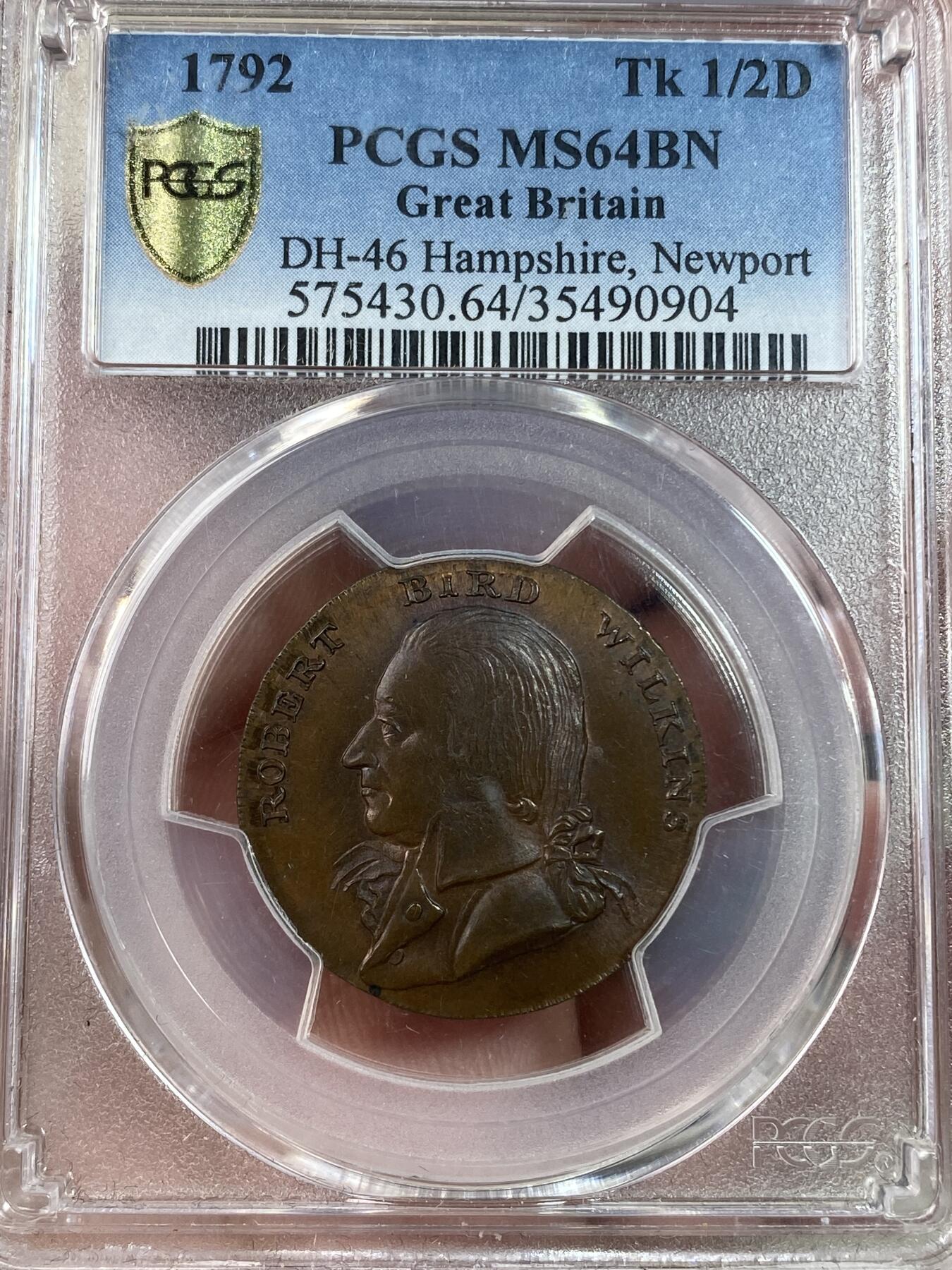 万国钱币拍卖第028期（花前月下●同享良章美币） PCGS MS64 1792年英国汉普郡怀特岛纽波特威尔金斯1/2便士代用币 棕色铜光 PC冠军分