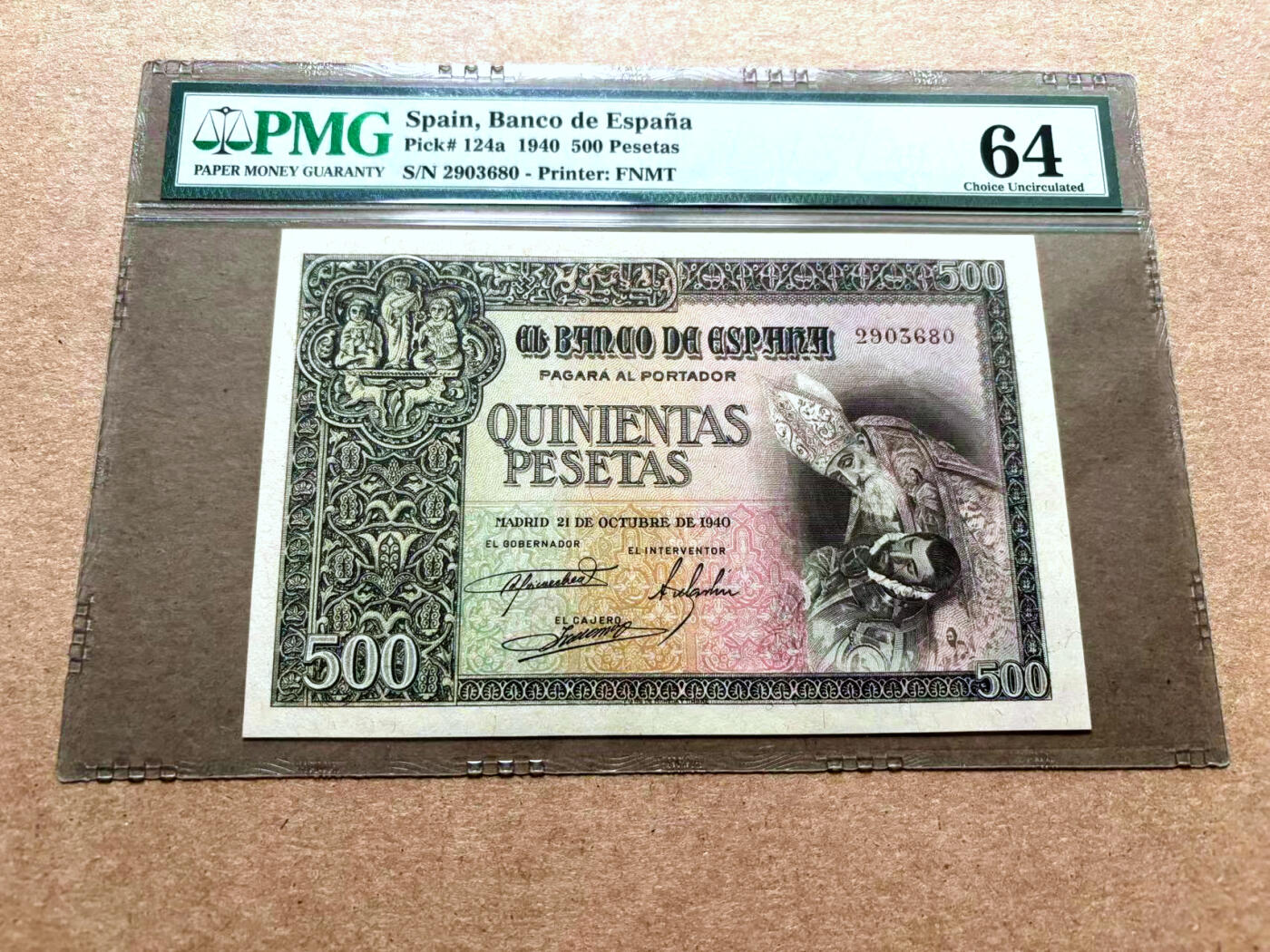 【Blue Auction】✨世界纸币精拍第500期盛典——白金之夜🔥🔥🔥 S-【无47】西班牙 1940年500比塞塔 PMG58 国王卡洛斯一世的肖像 这是1940年短暂发行系列中最高的面额 格列柯经典名画《奥尔加斯伯爵的葬礼》 该品种最高分仅65 该分数已经不可多得 
