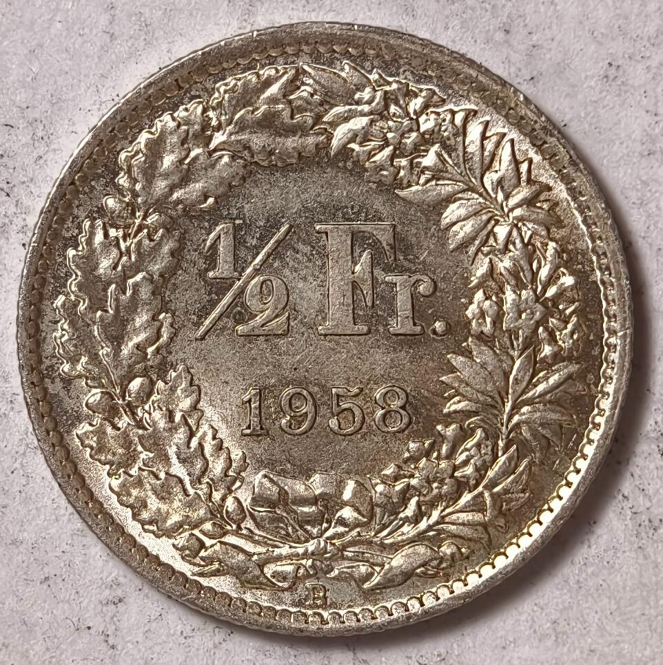 紫瑗钱币——第374期拍卖 瑞士 1958年 B版 赫尔维蒂女神 1/2法郎 2.5克 0.835银 UNC