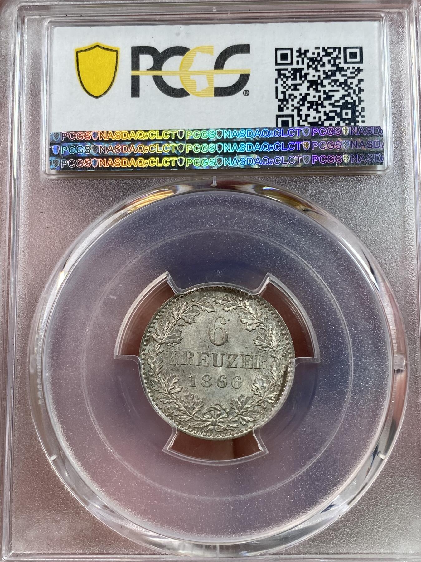 万国钱币拍卖第028期（花前月下●同享良章美币） PCGS MS65 1866年德国法兰克福末年6克洛泽银币 1866年因法兰克福支持奥地利战败被普鲁士占领 丝绸光底板非常亮眼