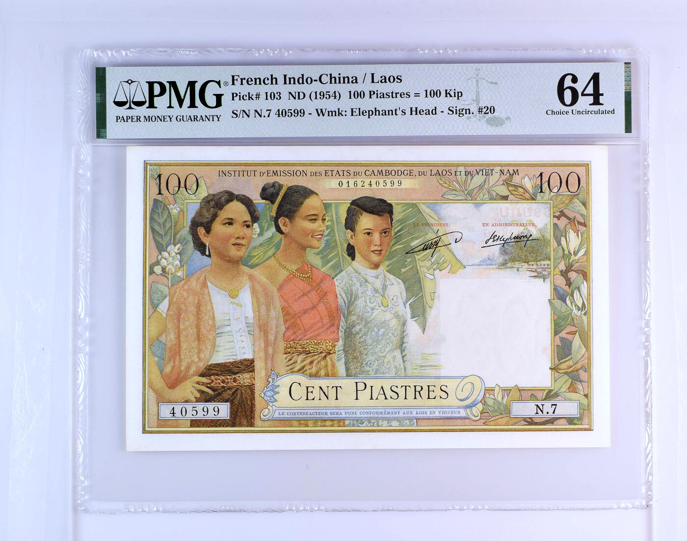 【Blue Auction】✨世界纸币精拍第500期盛典——白金之夜🔥🔥🔥 F-【仅2张更高分 无背标】法属印支 老挝版 1954年100皮阿斯特 PMG64 经典三美女