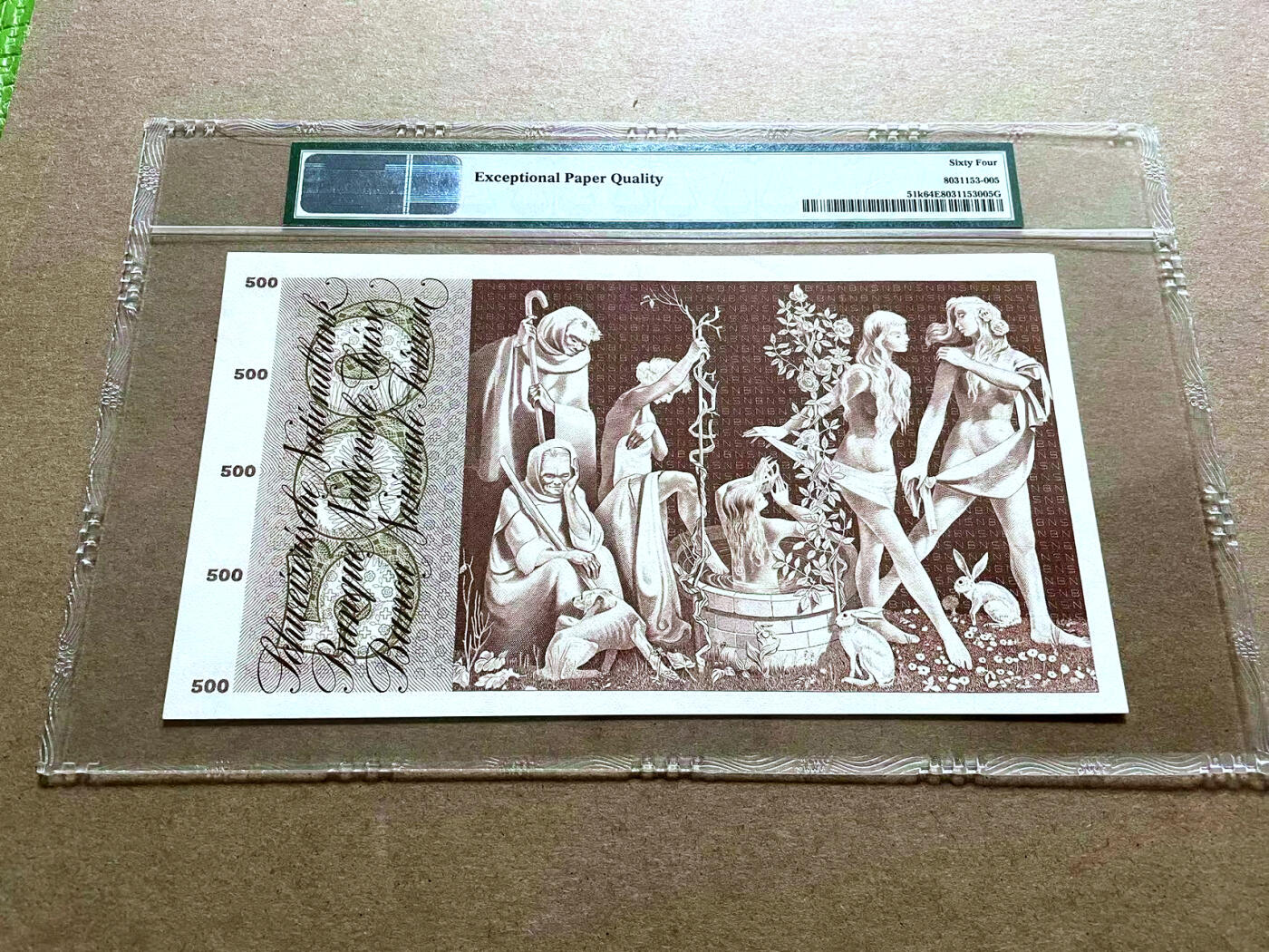 【Blue Auction】✨世界纸币精拍第500期盛典——白金之夜🔥🔥🔥 S-瑞士 1973年500法郎 经典青春泉 超大票幅 PMG64EPQ 精美