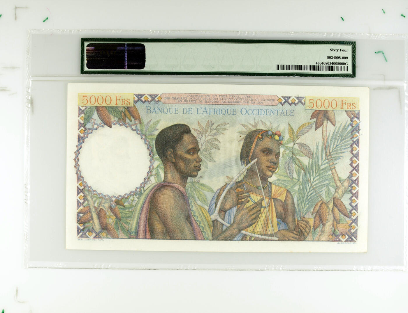 【Blue Auction】✨世界纸币精拍第500期盛典——白金之夜🔥🔥🔥 F-【无背标 无47】法属西非 1947-50年 5000法郎 超大票幅 经典“五奶图” 法属殖民地色彩浓郁 漏奶纸币向来倍受青睐 PMG64