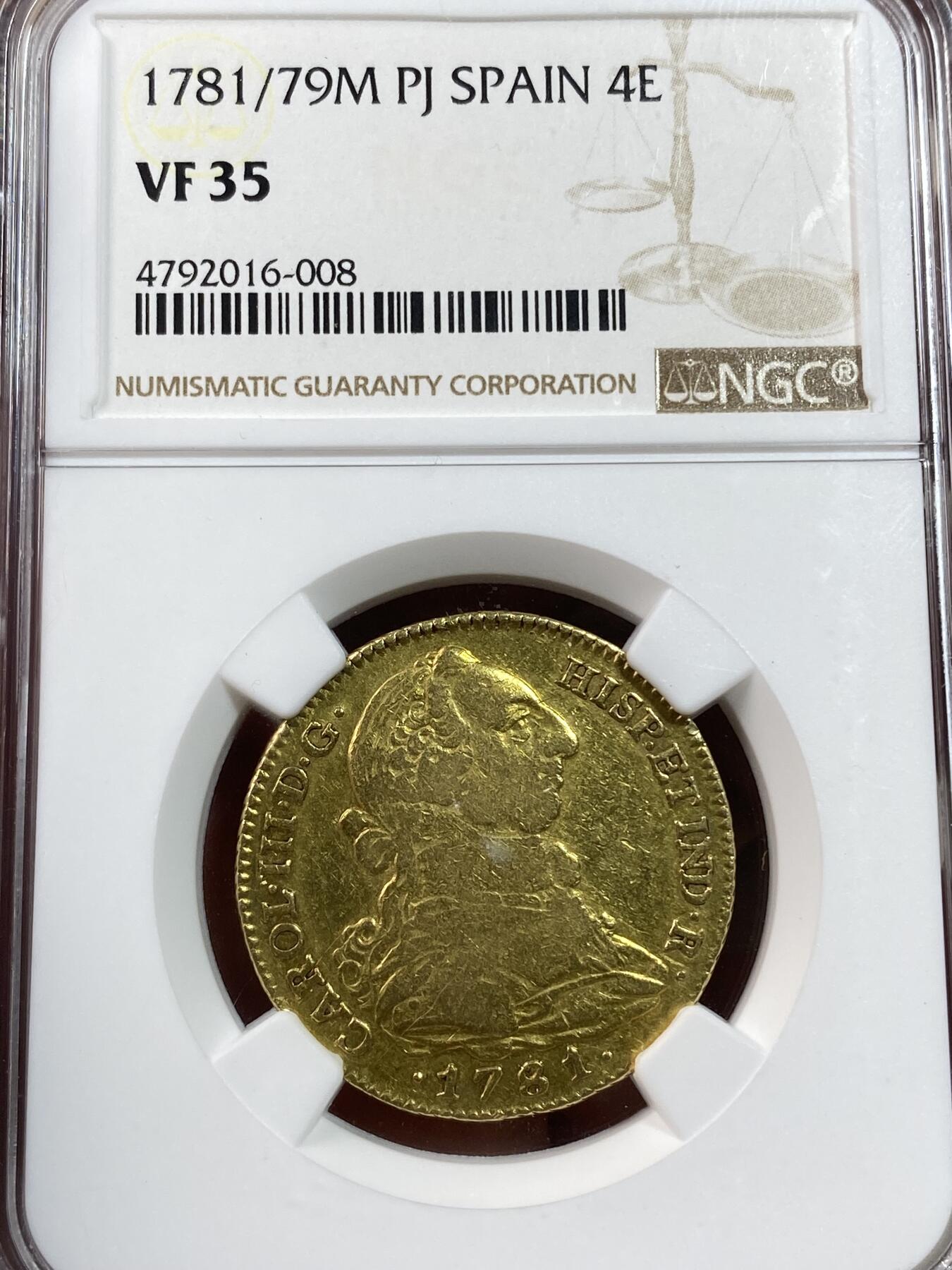 万国钱币拍卖第028期（花前月下●同享良章美币） NGC VF35 1781/79年西班牙卡洛斯三世4埃斯库多金币 西班牙本土金货 13.5g