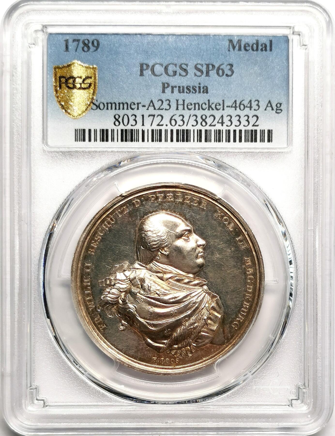 凡希社世界钱币微拍第二百七十五期 荐！1789德国普鲁士吞并马德堡纪念银章PCGS-SP63，LOOS经典作品，实物镜面强烈！