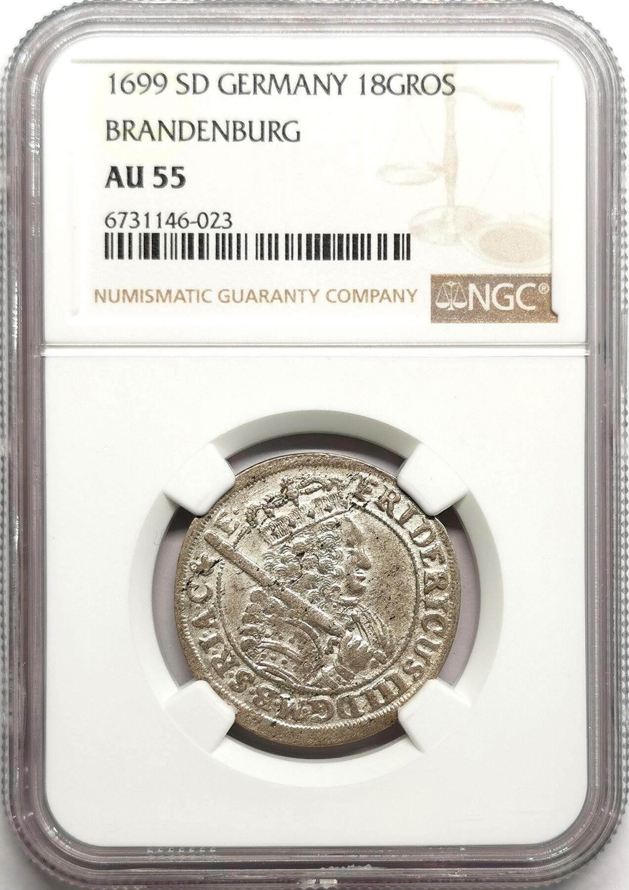 凡希社世界钱币微拍第二百七十五期 1699德国勃兰登堡18GROS银辅币NGC-AU55，原色银光，质感一流！