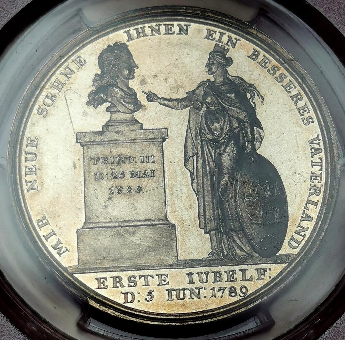 凡希社世界钱币微拍第二百七十五期 荐！1789德国普鲁士吞并马德堡纪念银章PCGS-SP63，LOOS经典作品，实物镜面强烈！