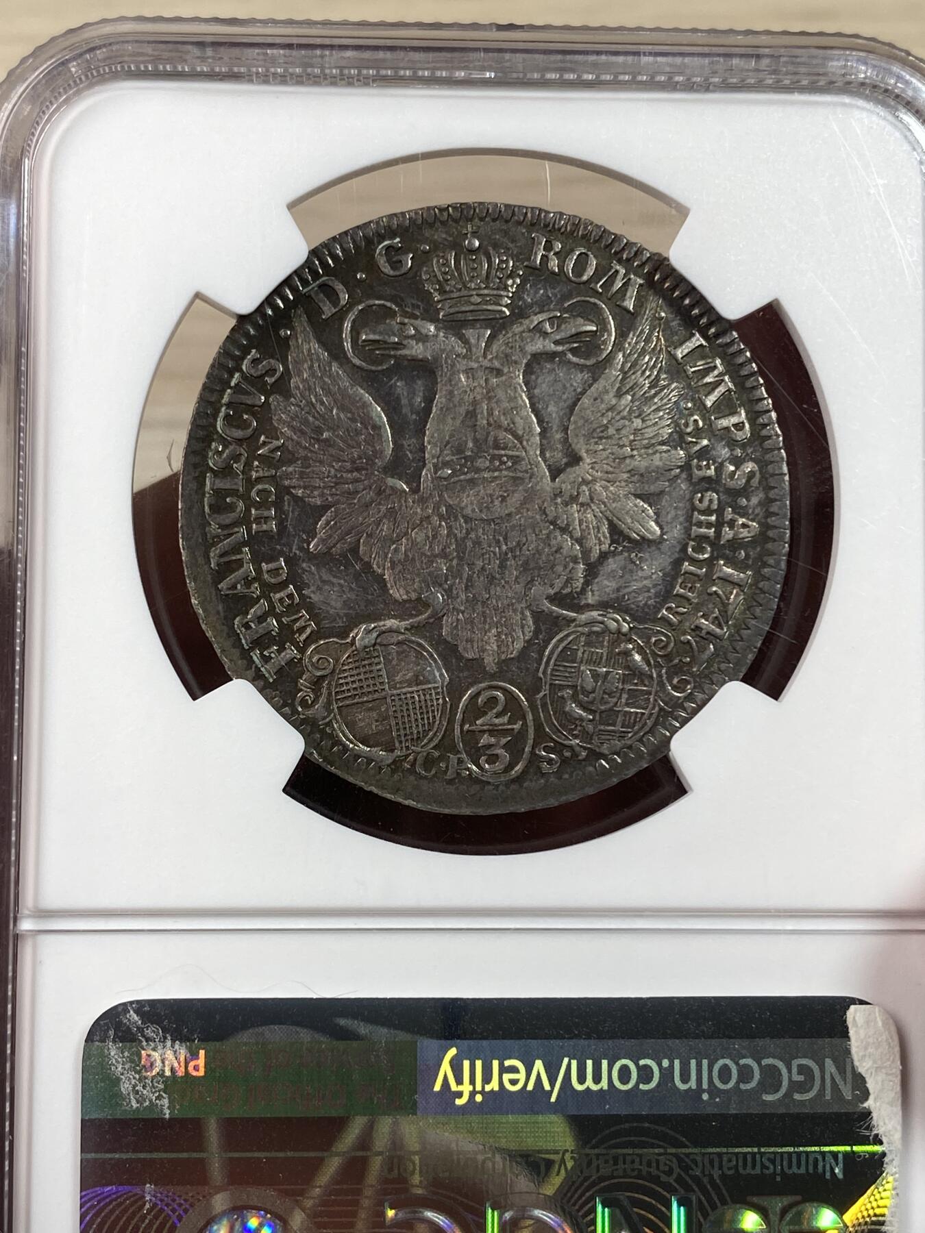 万国钱币拍卖第028期（花前月下●同享良章美币） NGC MS63 1747年德国弗里德堡2/3泰勒 弗里德堡约翰·艾特尔二世武士双头鹰 欧洲老包浆 全深打的武士屠龙