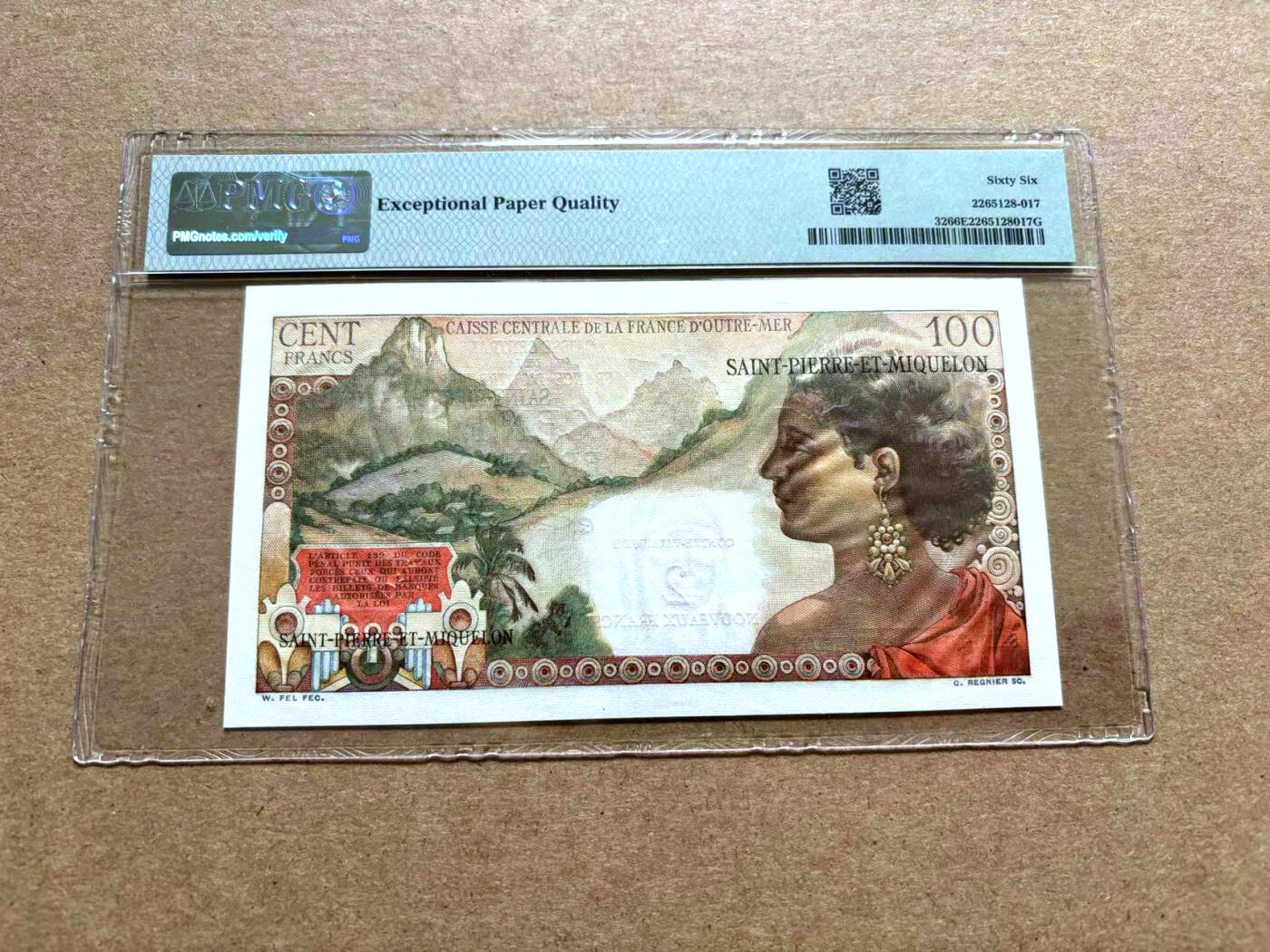 【Blue Auction】✨世界纸币精拍第500期盛典——白金之夜🔥🔥🔥 S-【197小号】圣皮埃尔和密克隆 1963年2新法郎=100法郎 裸女 色彩艳丽PMG66EPQ 设计精美 法属风