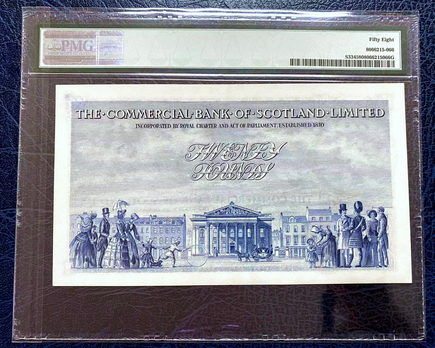 【Blue Auction】✨世界纸币精拍第500期盛典——白金之夜🔥🔥🔥  S-【仅1张更高分 且无全新品相记录】苏格兰商业银行1952年20镑 PMG58 状态佳 背面大场景非常耐看 元素众多 BWC雕刻精美 发行量极少  