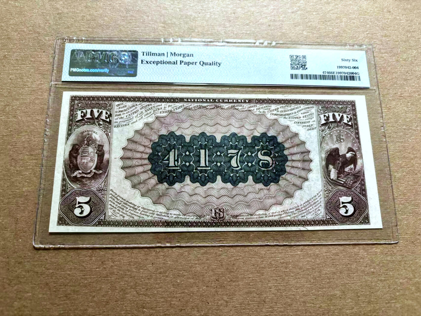 【Blue Auction】✨世界纸币精拍第500期盛典——白金之夜🔥🔥🔥    U-【红库印冠军分 仅5张】美国 1882年5美金 美国第20任总统詹姆斯·艾伯拉姆·加菲尔德 PMG66EPQ 顶级高分 凹凸感佳 人像雕刻极致 尤其是胡子 极具威严气势 老壳子 升值品种值得收藏