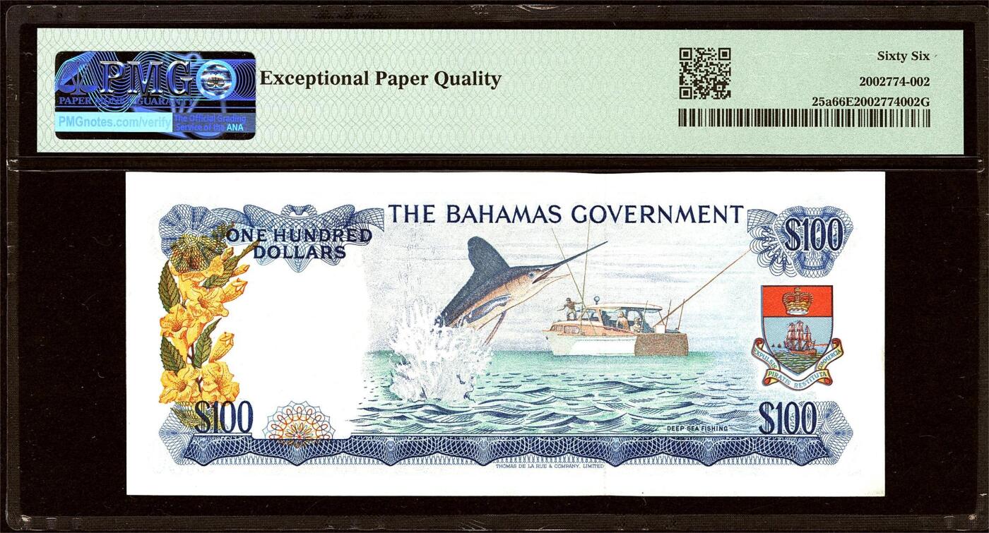 【Blue Auction】✨世界纸币精拍第500期盛典——白金之夜🔥🔥🔥 B-【初版A冠100小号 二进制号】巴哈马 1965年100元 PMG66EPQ 在这套之前发行的百慕大政府纸币以先令和英镑为主，最高面额为5镑，在1965年十进制改革时，大约相当于15元。这是该国第一套十进制的纸币，远远超过之前任何一套纸币的票面价值。经典的大马哈鱼，因为其极高的价值和极小的印量，保存下来屈指可数。这是女王最具标志性的钞票之一。