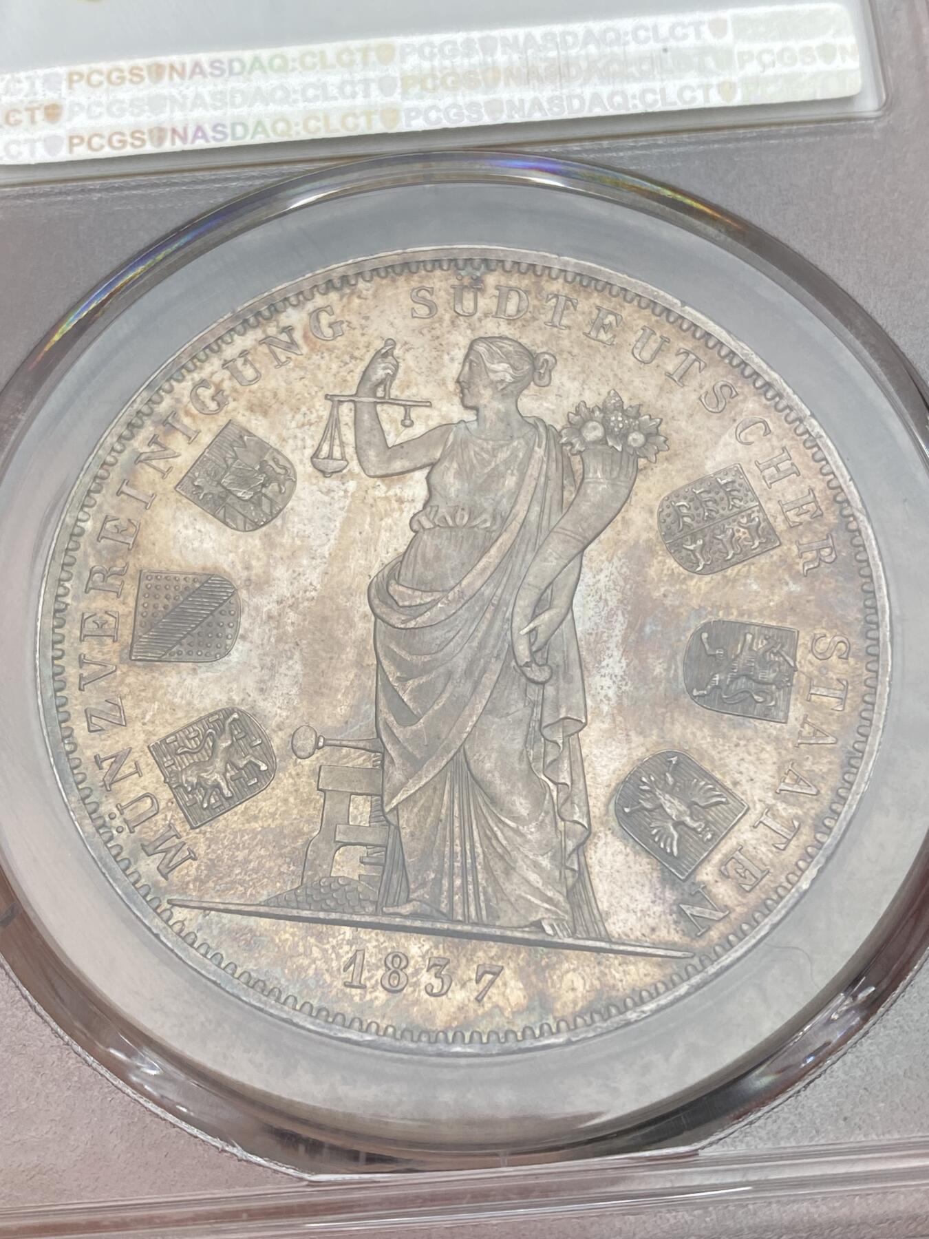 万国钱币拍卖第028期（花前月下●同享良章美币） PCGS MS63 1837年德国巴伐利亚路德维希一世货币联盟2泰勒 南德意志六个邦国的货币联盟 镜面金红彩 