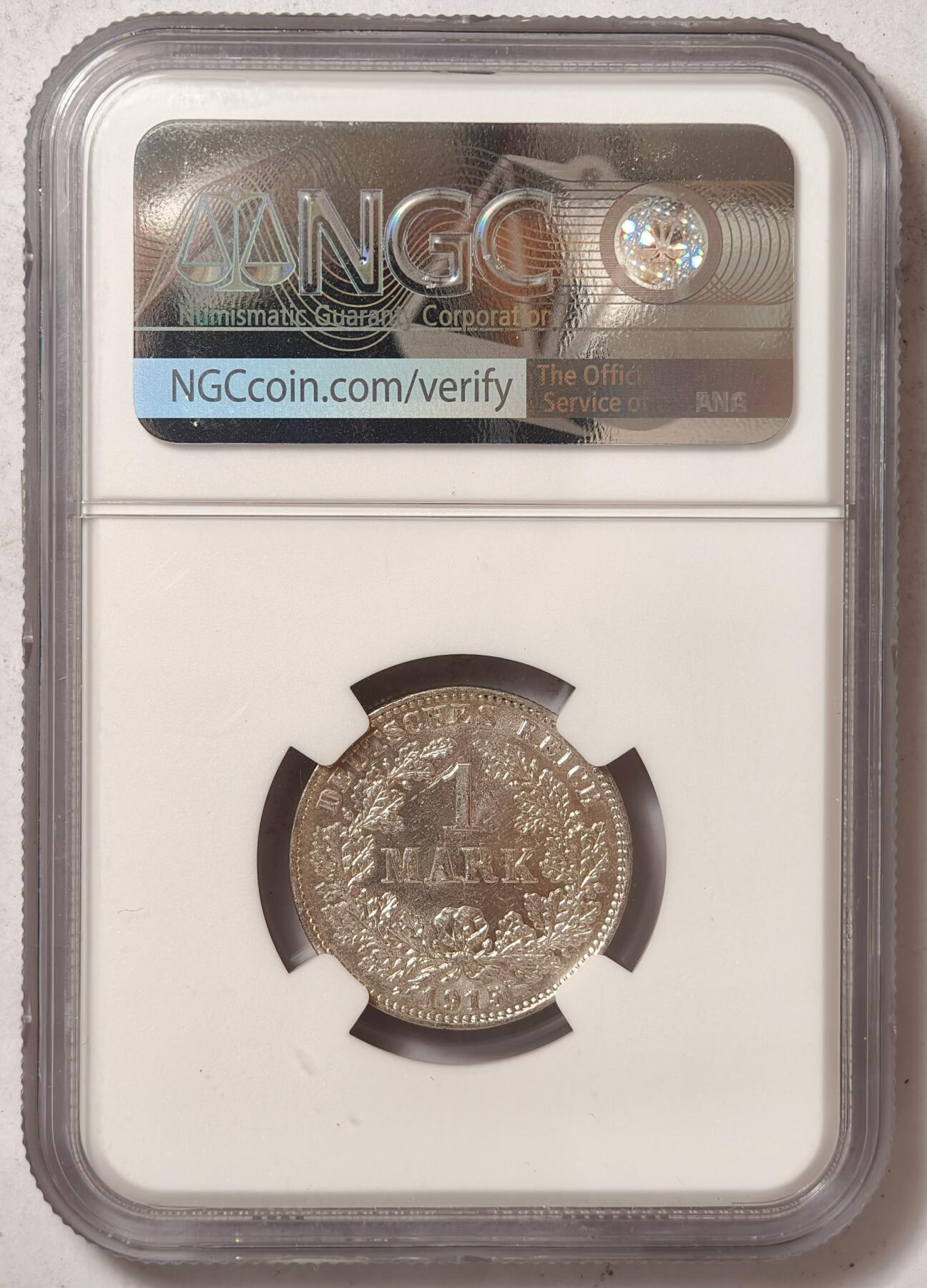 紫瑗钱币——第374期拍卖 德国 1915年 E版 第二帝国 长翅 1马克 银币 NGC MS62 