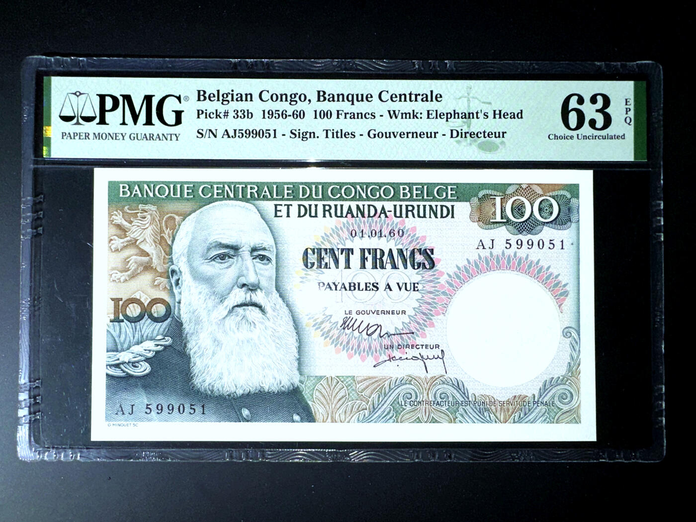 【Blue Auction】✨世界纸币精拍第500期盛典——白金之夜🔥🔥🔥 B-【无47】比属刚果 1960年100法郎 经典大胡子 PMG63EPQ 全新原票 雕刻细腻