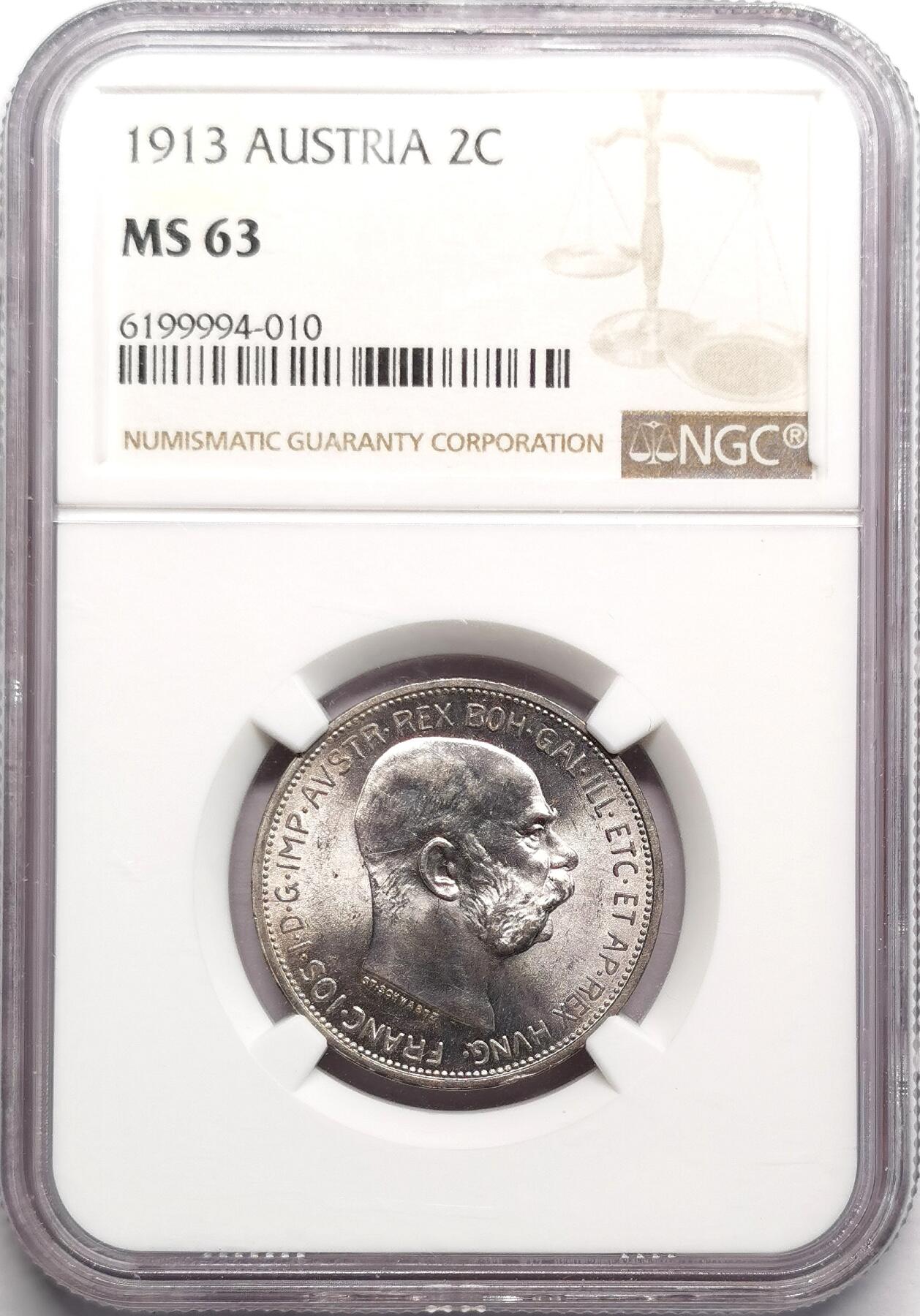 凡希社世界钱币微拍第二百七十五期 1913奥地利2科罗纳银币NGC-MS63