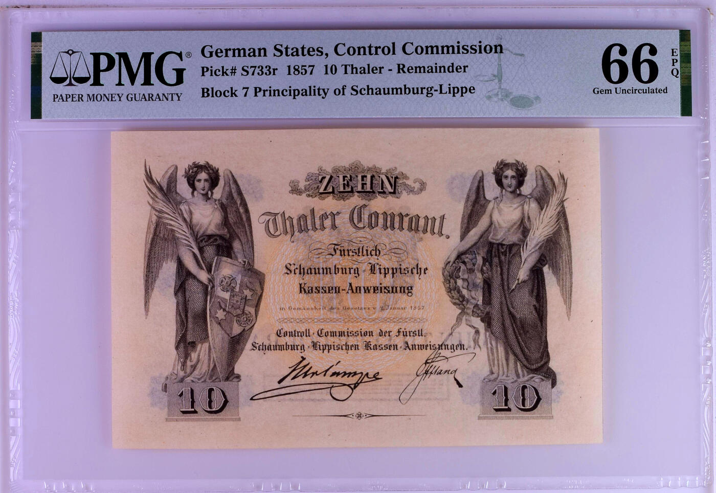 【Blue Auction】✨世界纸币精拍第500期盛典——白金之夜🔥🔥🔥 G-【冠军分 仅2张】德国 绍姆堡-利珀 1857年10泰勒 PMG66EPQ 大天使雕刻精美 少见好品 该国是德意志第二帝国中第二小的帝国诸侯