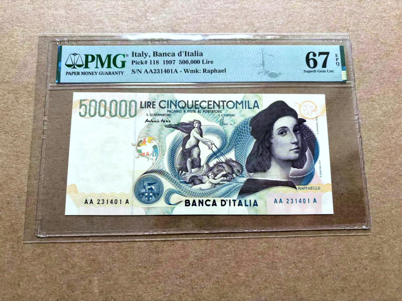 【Blue Auction】✨世界纸币精拍第500期盛典——白金之夜🔥🔥🔥 I-【AAA冠极少见】意大利 1997年50万里拉 经典拉斐尔 正面背景为拉斐尔画作《嘉拉提亚的凯旋》背面为经典画作《雅典学院》