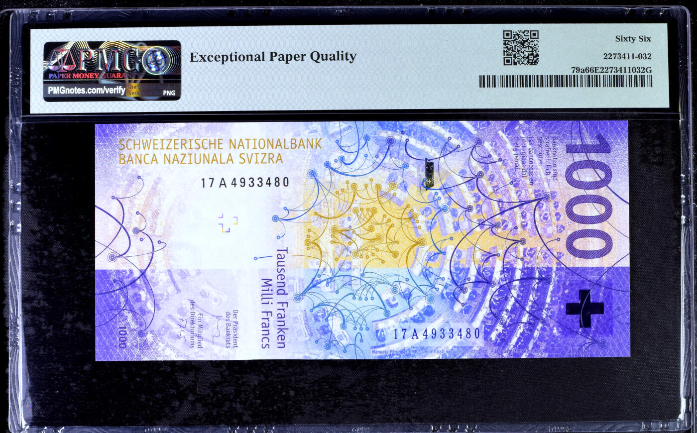 【Blue Auction】✨世界纸币精拍第500期盛典——白金之夜🔥🔥🔥 S-【A冠】瑞士 2017年1000法郎 手版 PMG66EPQ 