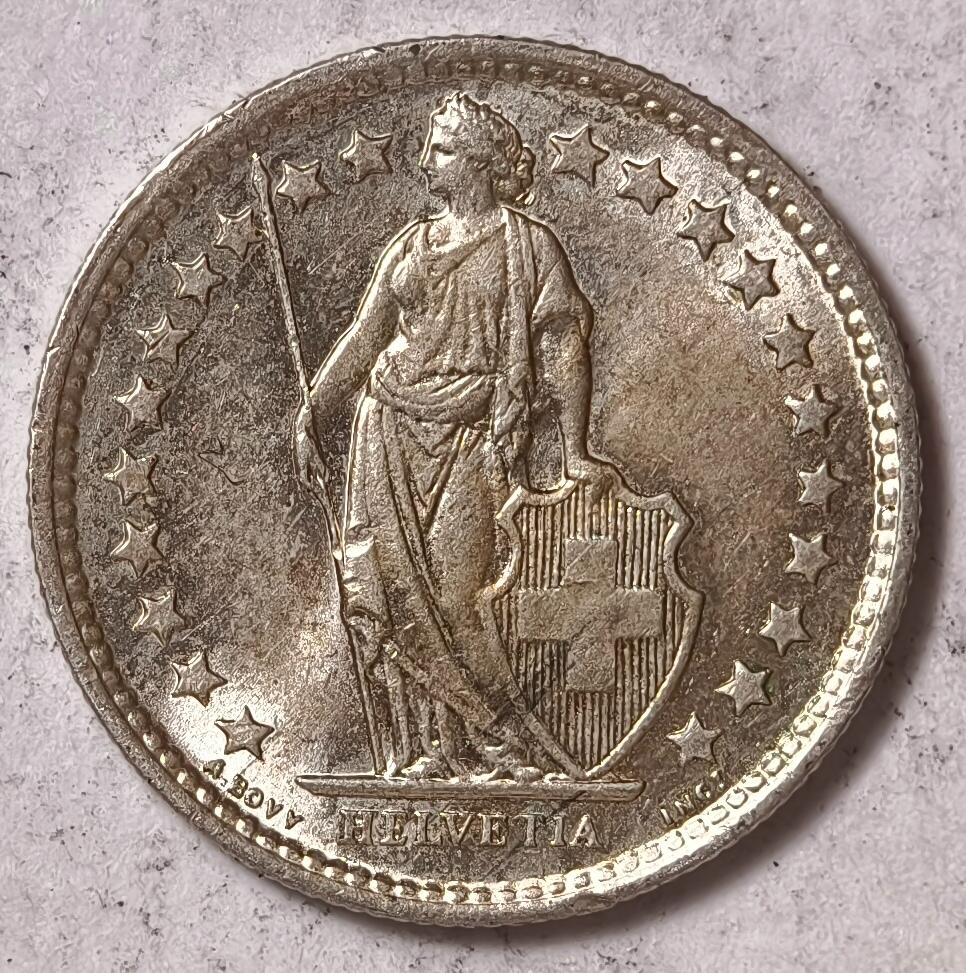 紫瑗钱币——第374期拍卖 瑞士 1958年 B版 赫尔维蒂女神 1/2法郎 2.5克 0.835银 UNC
