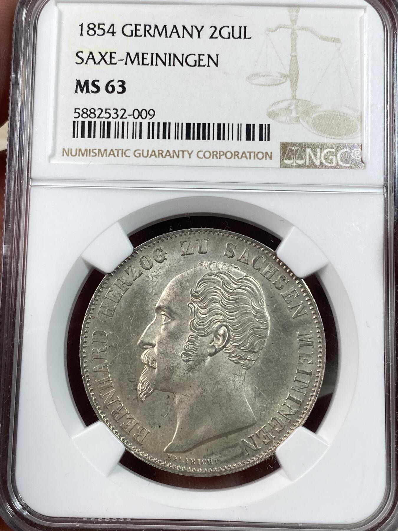 万国钱币拍卖第028期（花前月下●同享良章美币） NGC MS63 1854年德国萨克森-梅宁根流通2盾大银币 梅宁根的盾徽有一说一非常精美 特别高分高品更能表现出精湛的工艺 