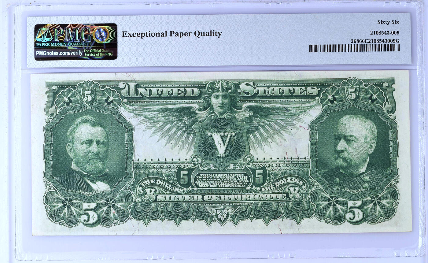 【Blue Auction】✨世界纸币精拍第500期盛典——白金之夜🔥🔥🔥 U-【亚军分 首签】美国 1896年5美金 教育券 PMG66EPQ  老美金玩家必收的进阶标志性品种 拍卖价格不断攀升 由美国雕刻大师W. Shirlaw设计的，主题被称为“呈现给世界的电和光明”。在人物肖像选择方面，背面选用两位在美国南北战争中取得巨大成就的人物肖像作为钞票上的主角。左侧的是联邦军总司令尤利西斯·格兰特，右侧为菲利普·谢里登，雕刻非常细腻。 