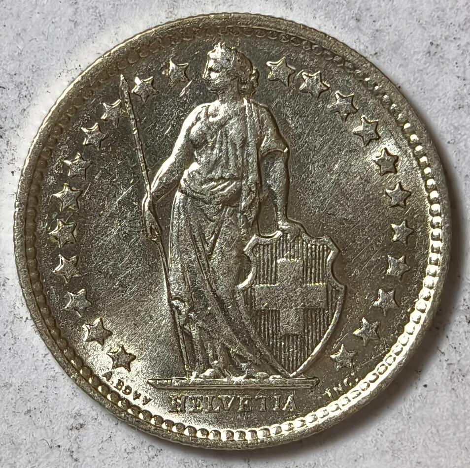 紫瑗钱币——第374期拍卖 瑞士 1964年 B版 赫尔维蒂女神 1/2法郎 2.5克 0.835银 UNC