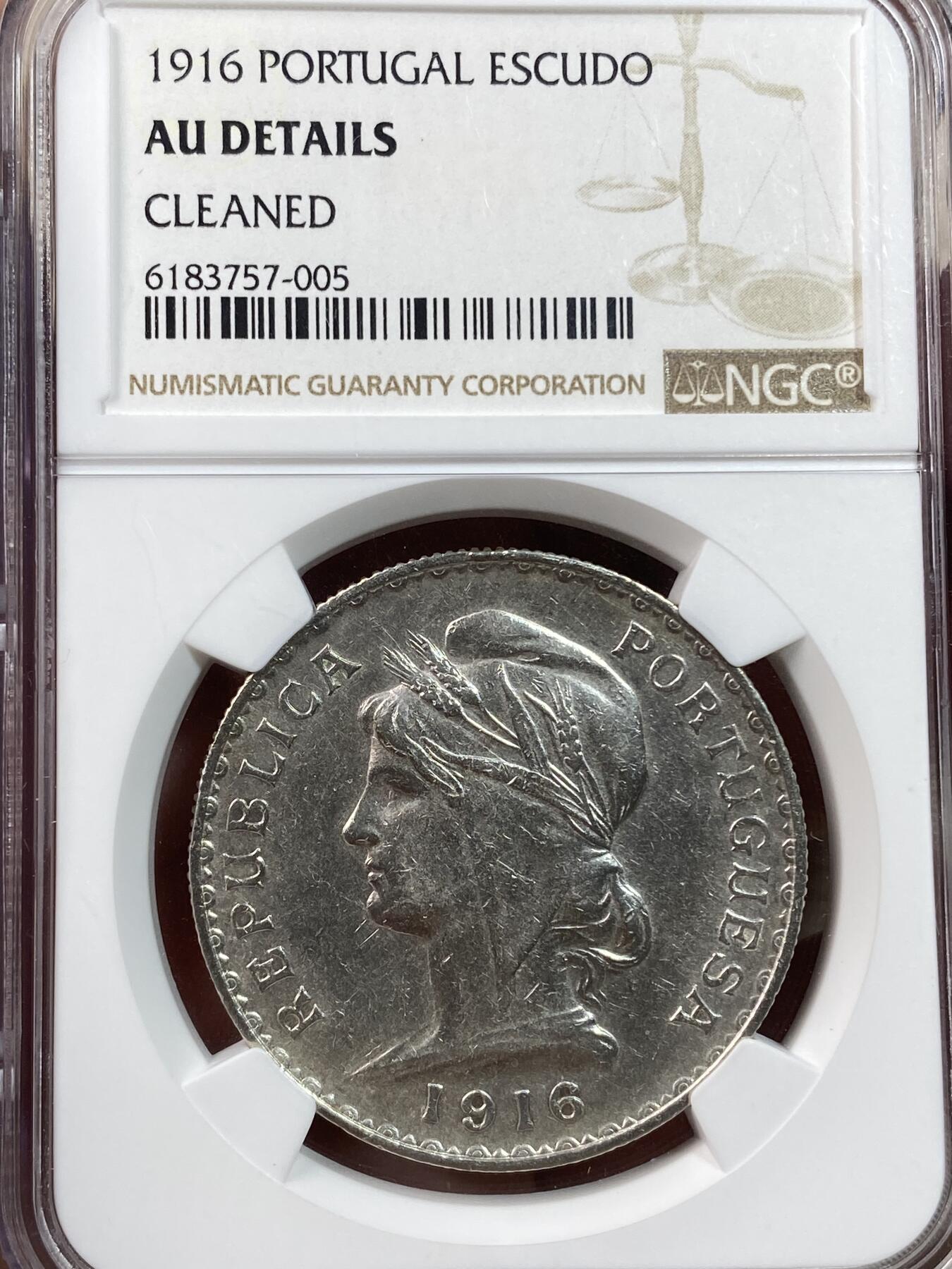 万国钱币拍卖第028期（花前月下●同享良章美币） NGC AUD 1916年葡萄牙女神1埃斯库多银币 