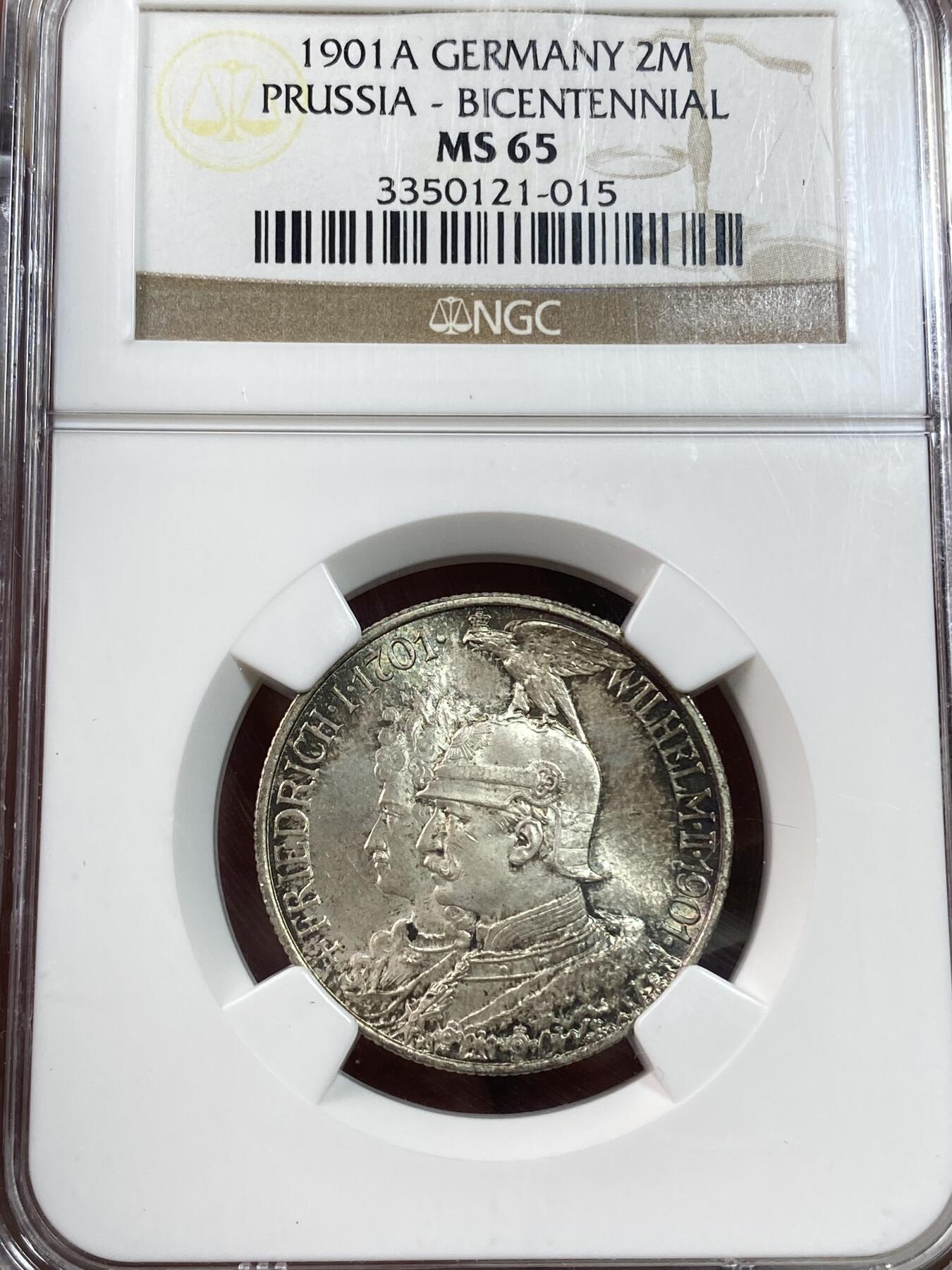 万国钱币拍卖第028期（花前月下●同享良章美币） NGC MS65 1901年德国威廉二世纪念普鲁士建国200周年流通2马克 十字转光欧洲老包浆