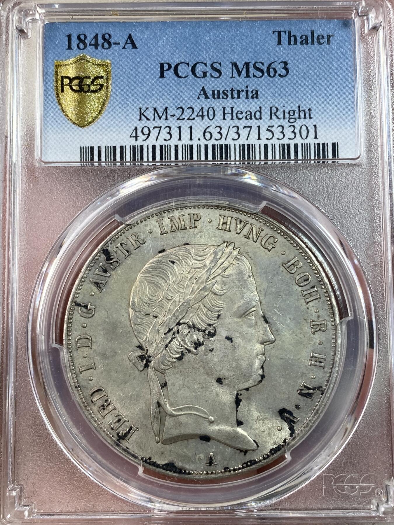 万国钱币拍卖第028期（花前月下●同享良章美币） PCGS MS63 1848年奥地利帝国斐迪南一世流通1泰勒 奥地利双头鹰原光层非常亮眼 PC唯一冠军
