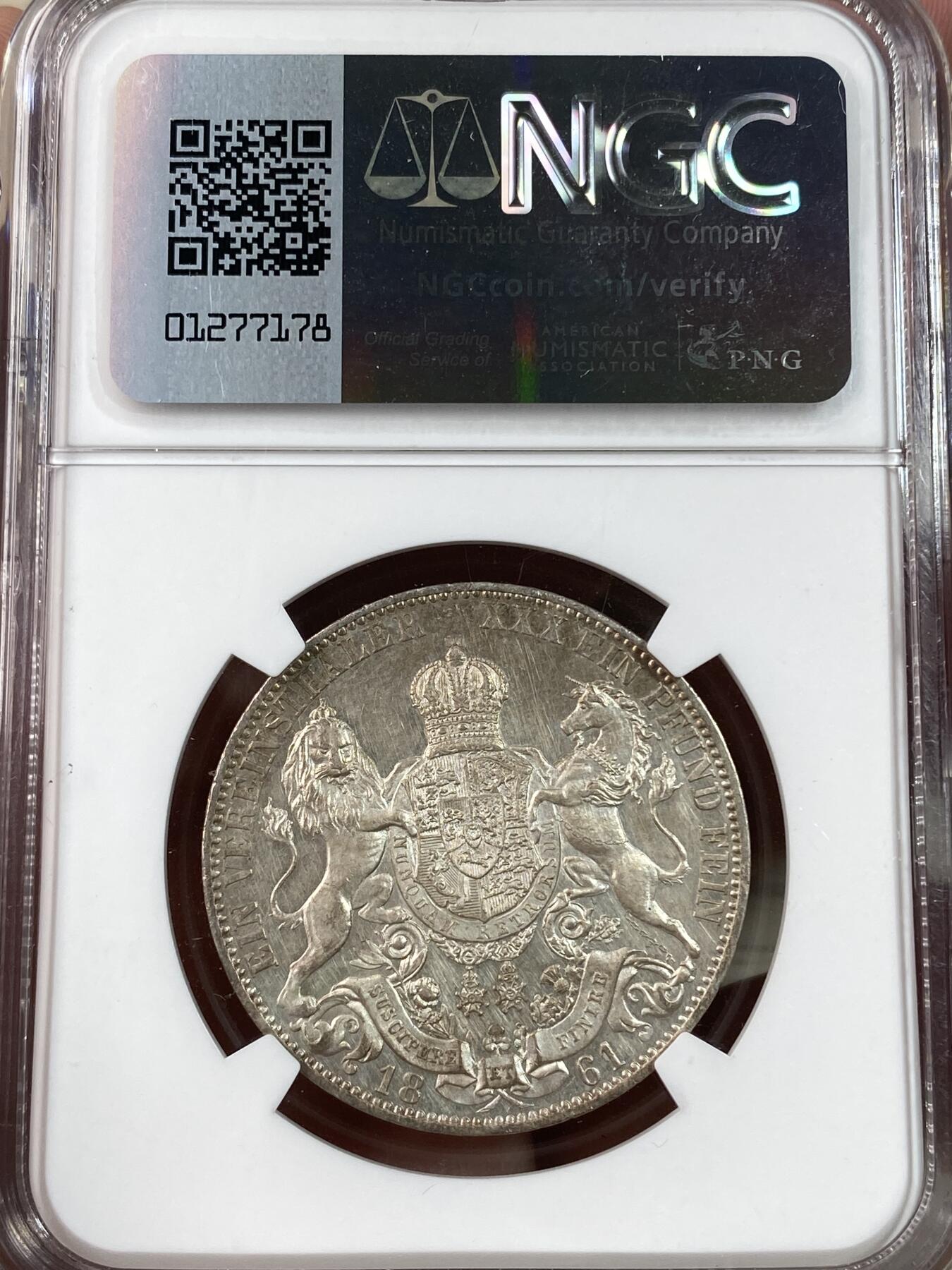 万国钱币拍卖第028期（花前月下●同享良章美币） NGC UNCD 1861年德国汉诺威狮马流通1泰勒 高点完美 正面有轻微丝痕