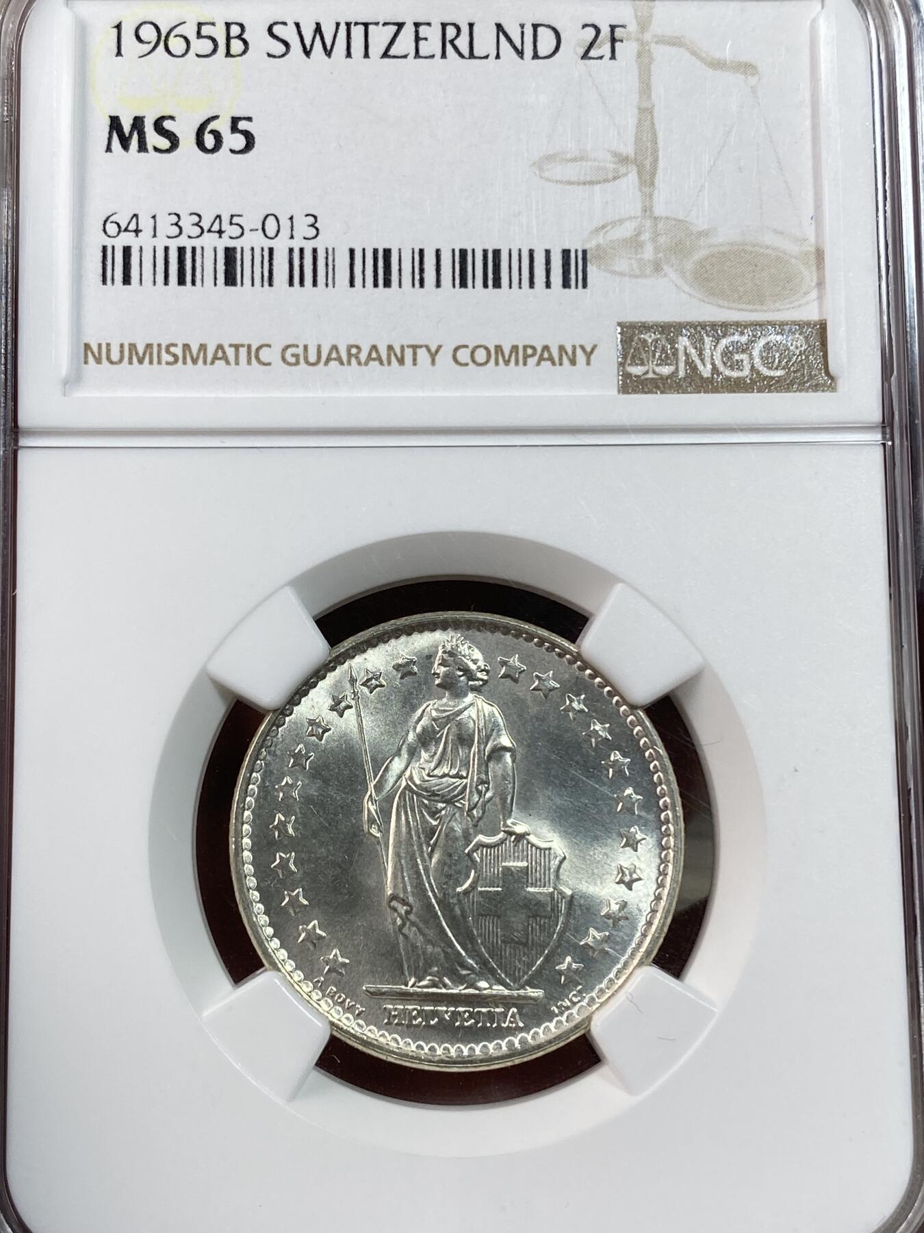 万国钱币拍卖第028期（花前月下●同享良章美币） NGC MS65 1965年瑞士站立女神2法郎银币 原卷光感