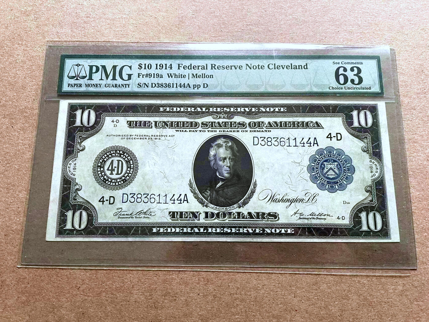 【Blue Auction】✨世界纸币精拍第500期盛典——白金之夜🔥🔥🔥 U-美国 1914年10美金 大票幅 克利夫兰版 正面杰克逊 背面工业与农业 大场景 雕刻精美 PMG63EPQ 最老的壳子EPQ在背面 全新原票  