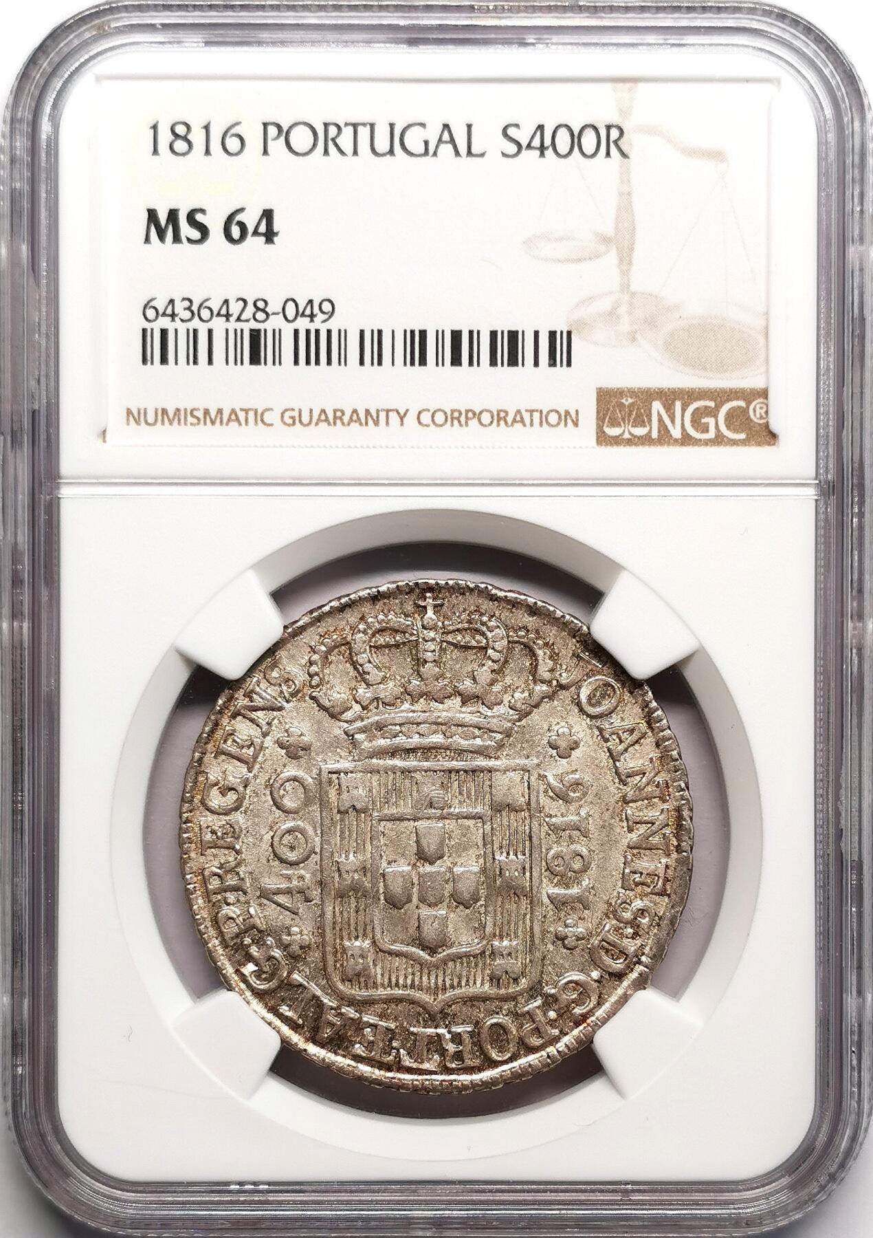 凡希社世界钱币微拍第二百七十五期 1816葡萄牙若昂六世十字银币NGC-MS64，紫金包浆，品相罕见！