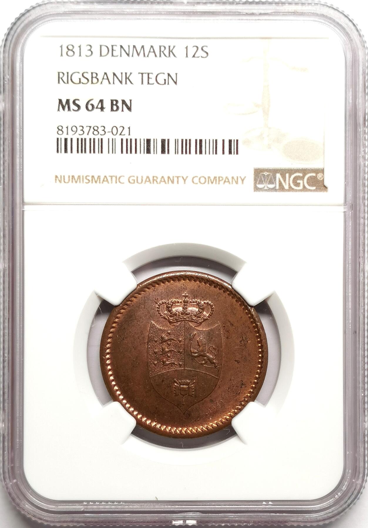 凡希社世界钱币微拍第二百七十五期 1813丹麦国家银行12SK铜代用币NGC-MS64，罕见原光高品！