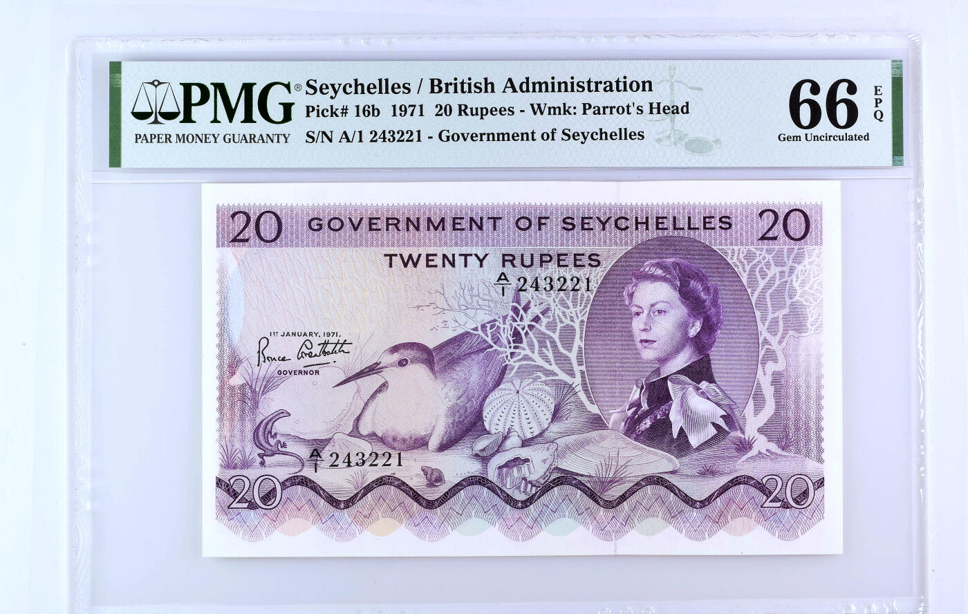 【Blue Auction】✨世界纸币精拍第500期盛典——白金之夜🔥🔥🔥 S-【仅1张更高分】塞舌尔 1971年20卢比 戎装女王 石龙子蜥蜴、黑燕鸥 PMG66EPQ 紫色非常耐看