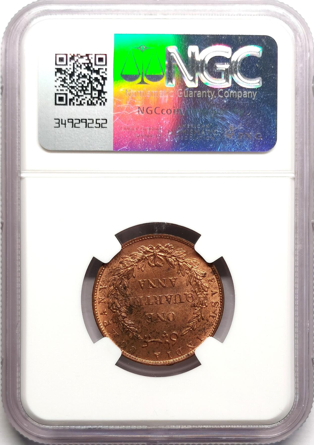 凡希社世界钱币微拍第二百七十五期 1858东印度公司1/4安那铜币NGC-MS63