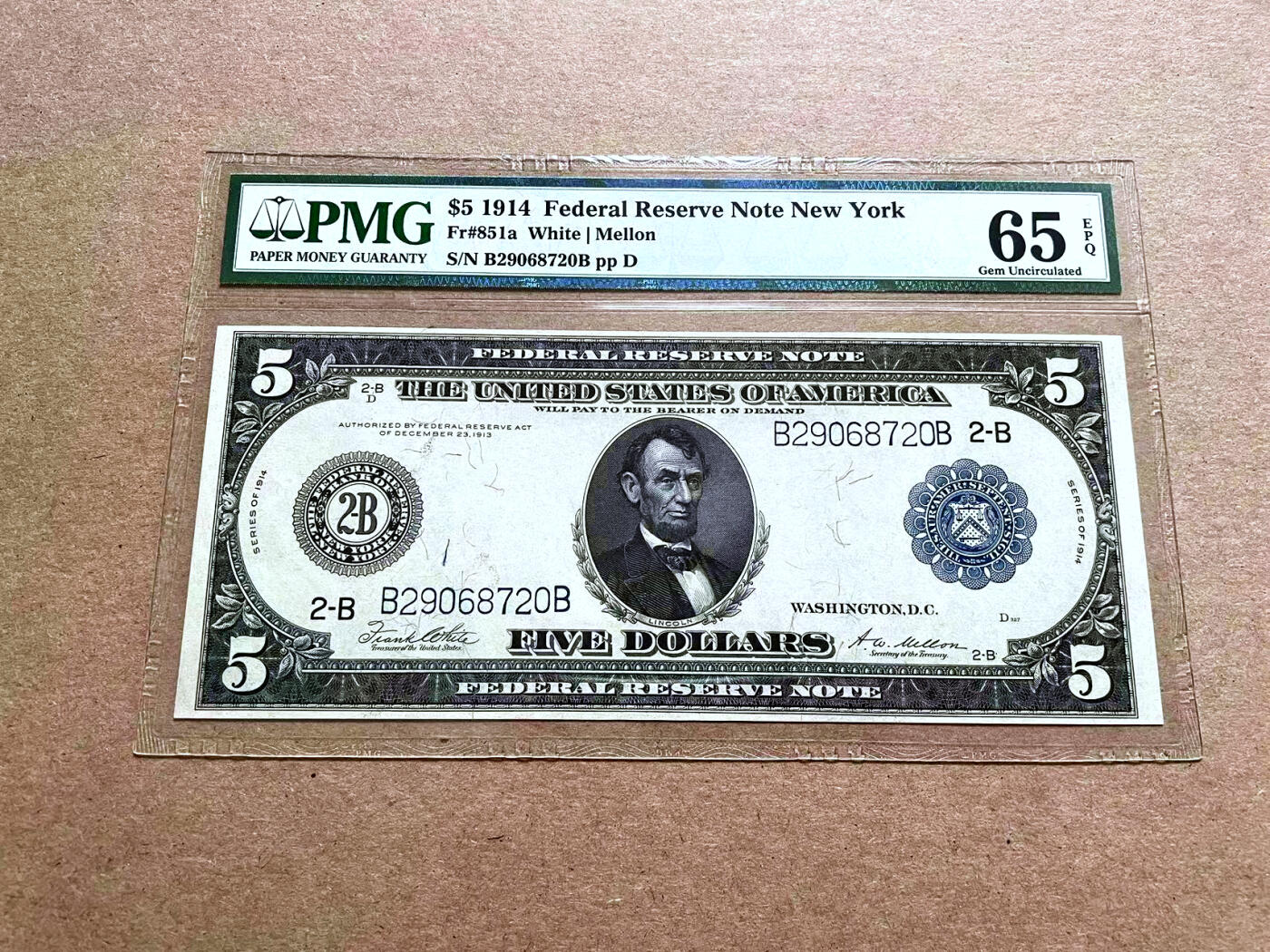 【Blue Auction】✨世界纸币精拍第500期盛典——白金之夜🔥🔥🔥 U-美国 1914年5美金 大票幅 纽约版 正面林肯 背面征服者登陆大场景雕刻精美 PMG65EPQ 老壳