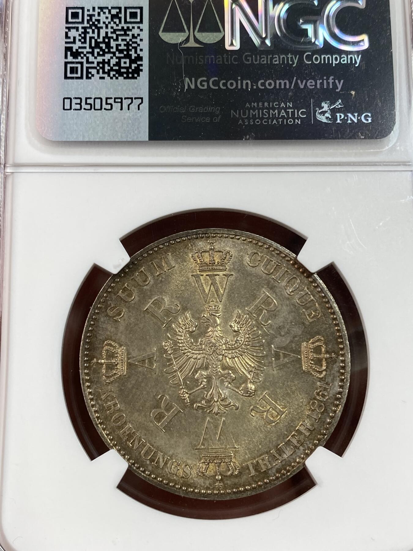 万国钱币拍卖第028期（花前月下●同享良章美币） NGC UNCD 1861年德国普鲁士威廉一世加冕纪念1泰勒 流通之王 经典的毛衣泰勒 金彩裹身