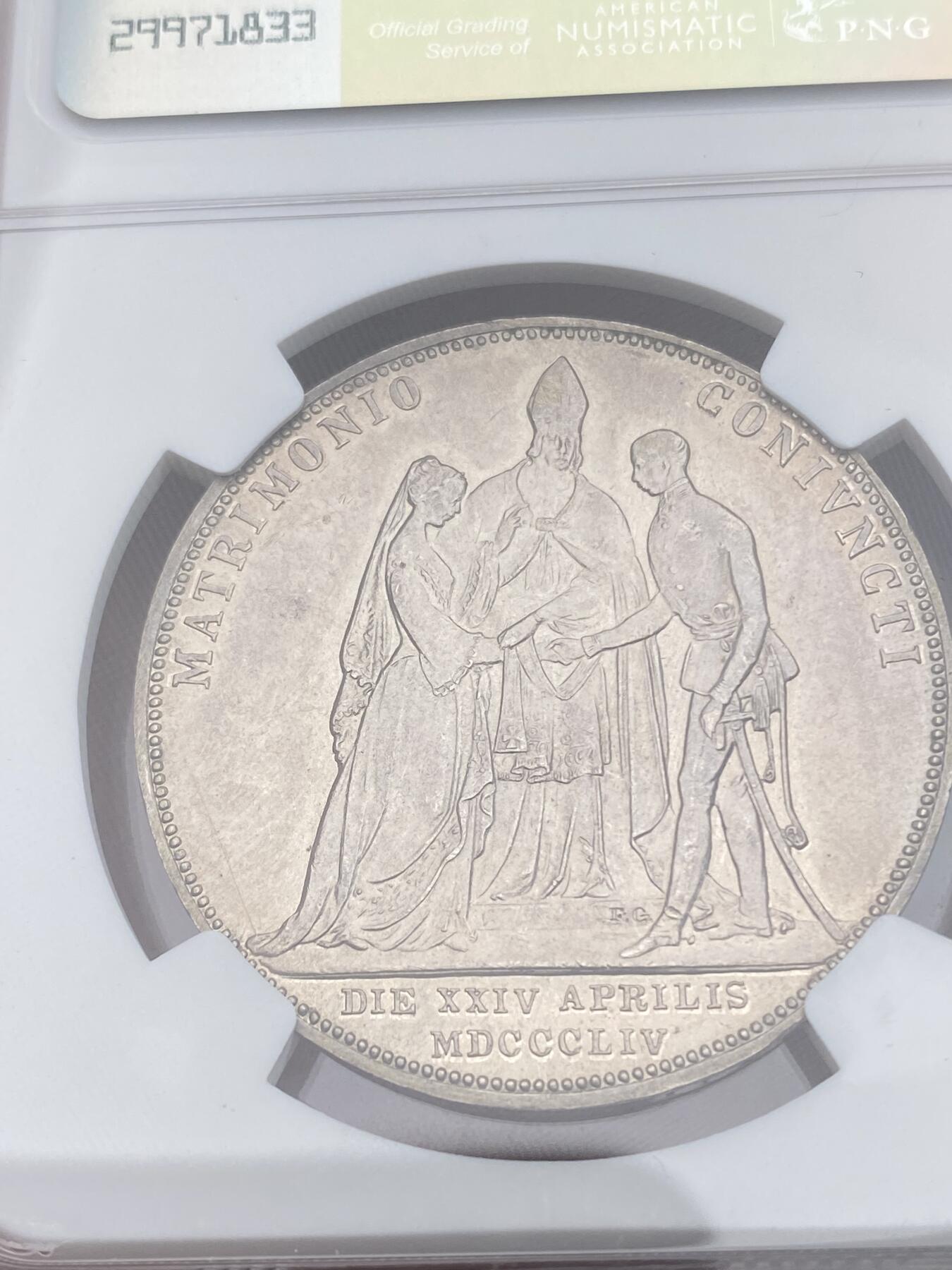 万国钱币拍卖第028期（花前月下●同享良章美币） NGC MS61 1854年奥地利佛朗茨一世与伊丽莎白皇后结婚纪念2古尔登大银币 茜茜公主的名誉结婚系列