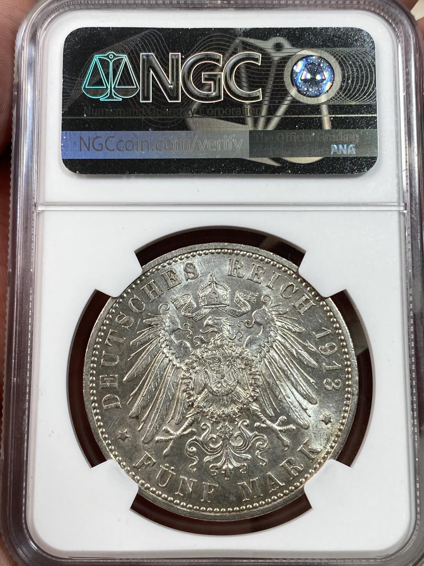 万国钱币拍卖第028期（花前月下●同享良章美币） NGC UNCD 1913年德国威廉二世军装5马克