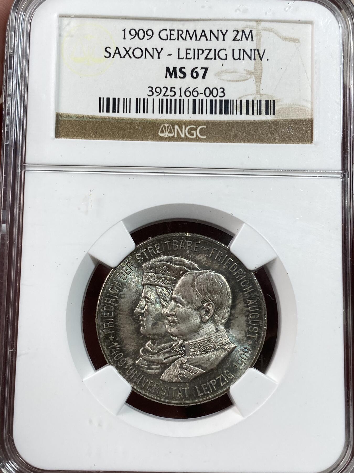 万国钱币拍卖第028期（花前月下●同享良章美币） NGC MS67 1909年德国萨克森莱比锡大学纪念流通2马克 顶级邮票光泽欧洲五彩包浆