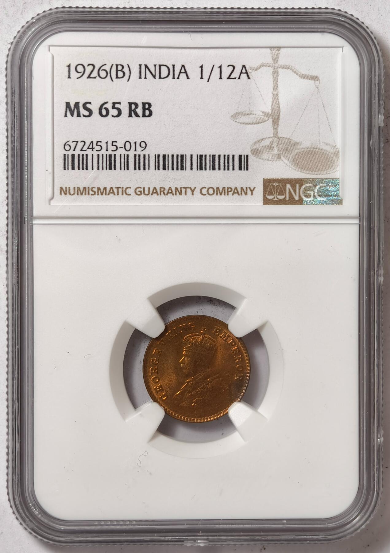 紫瑗钱币——第428期 英属印度 1926年 B版 乔治五世 1/12安娜 铜币 NGC M65RB