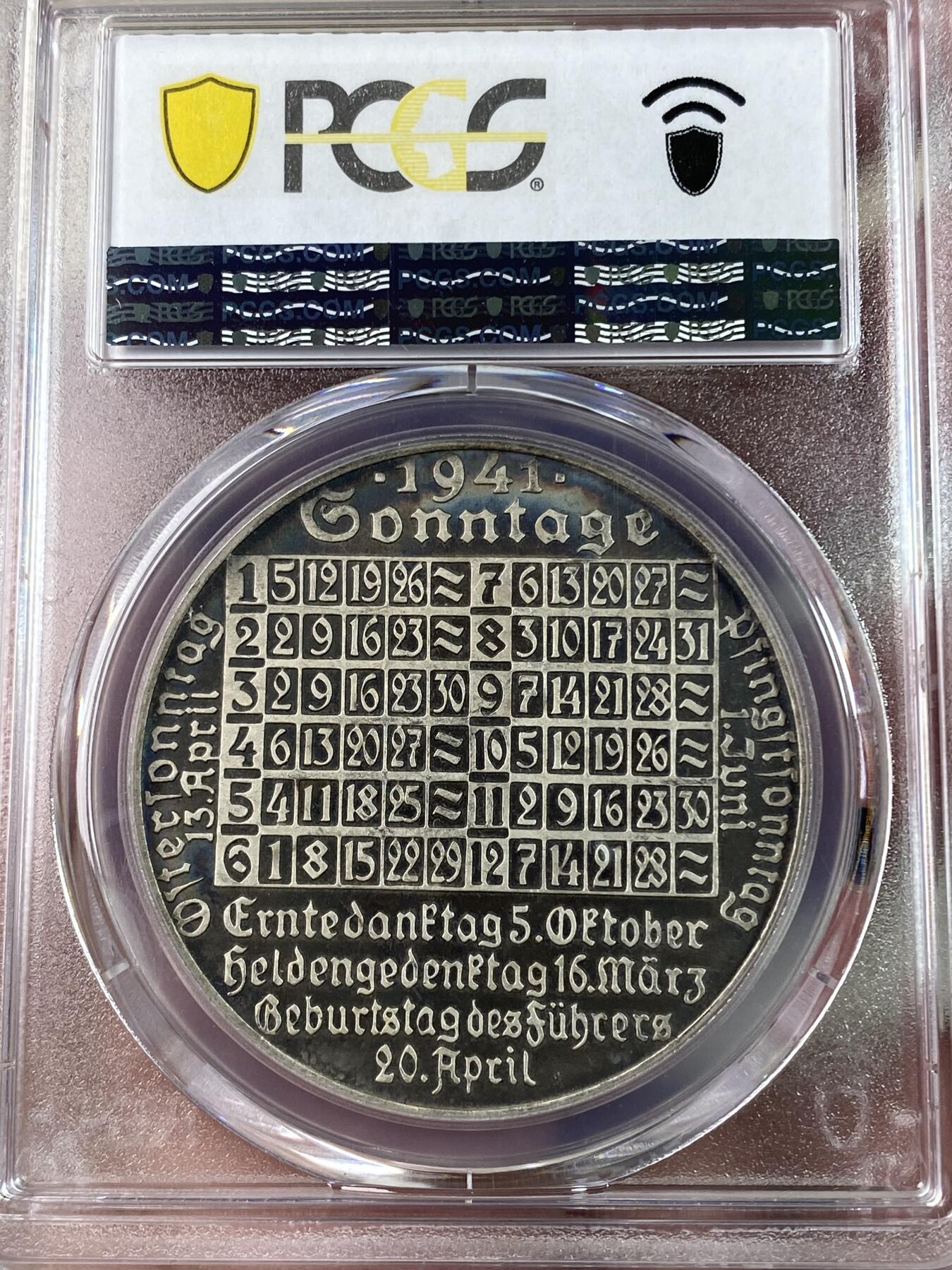 万国钱币拍卖第028期（花前月下●同享良章美币） PCGS SP63 唯一记录1941年德国维也纳日历大银章，元首生日特别款 ！正面是爱神维纳斯，反面最底下两行为元首生日！！