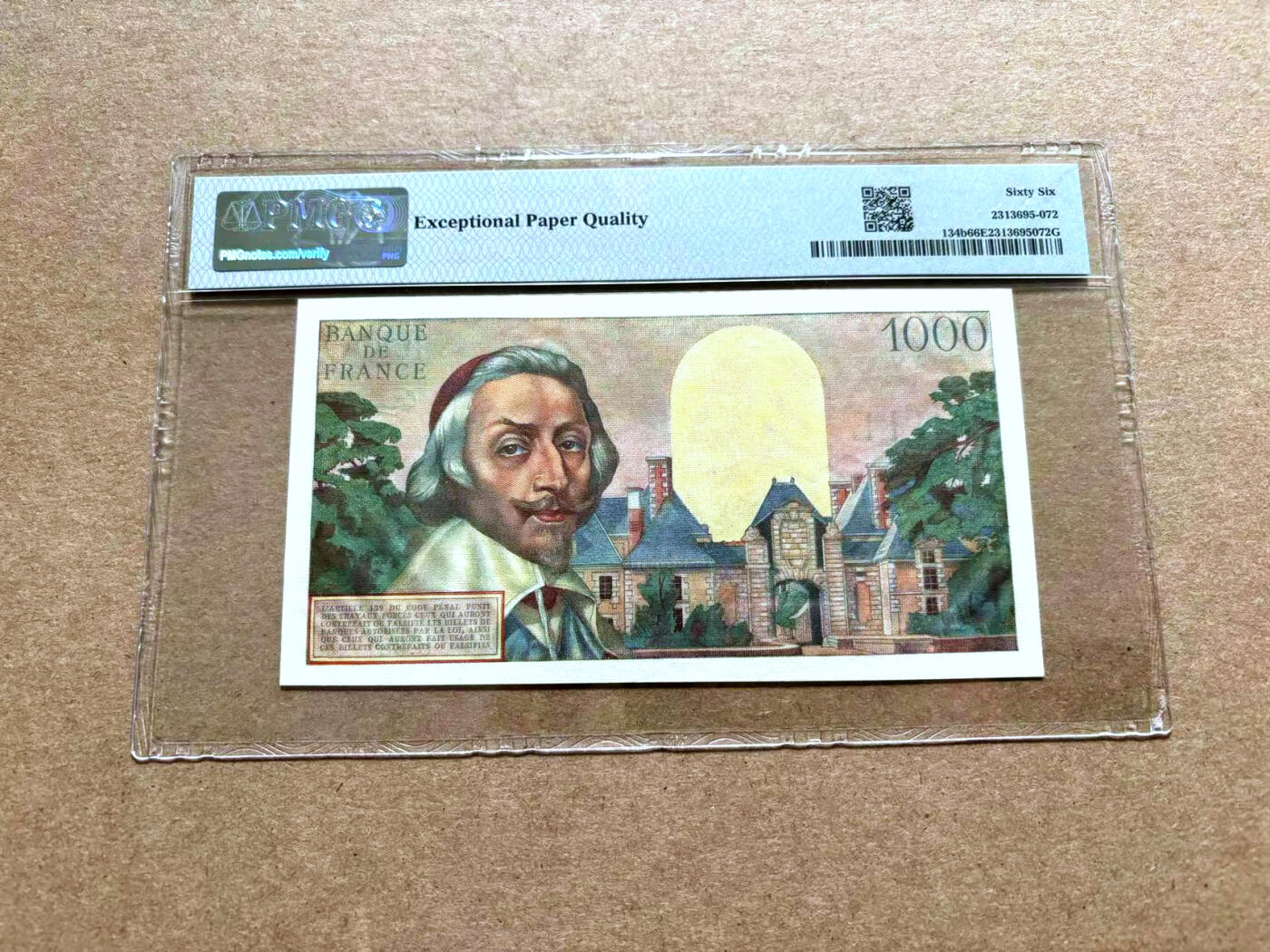 【Blue Auction】✨世界纸币精拍第500期盛典——白金之夜🔥🔥🔥 F-【b版冠军分仅2张少见 改值前版本】法国 1957年1000法郎 红衣主教黎塞留 PMG66EPQ 