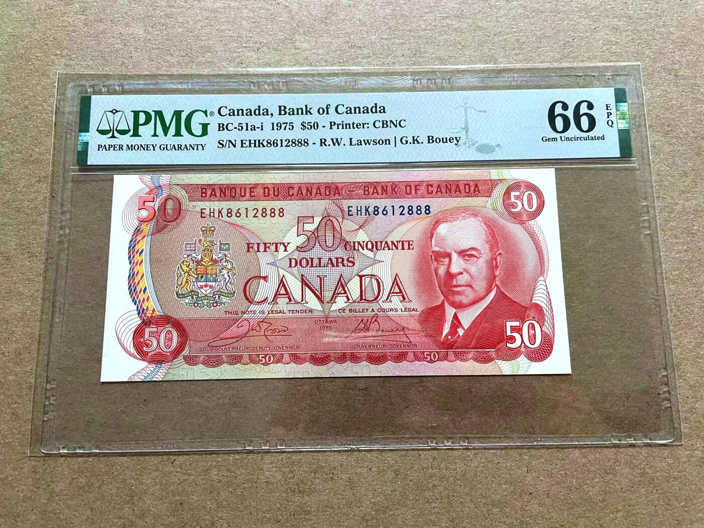 【Blue Auction】✨世界纸币精拍第500期盛典——白金之夜🔥🔥🔥 C-【888豹子号无47】加拿大 1975年50元 PMG66EPQ “穹顶”式骑警
