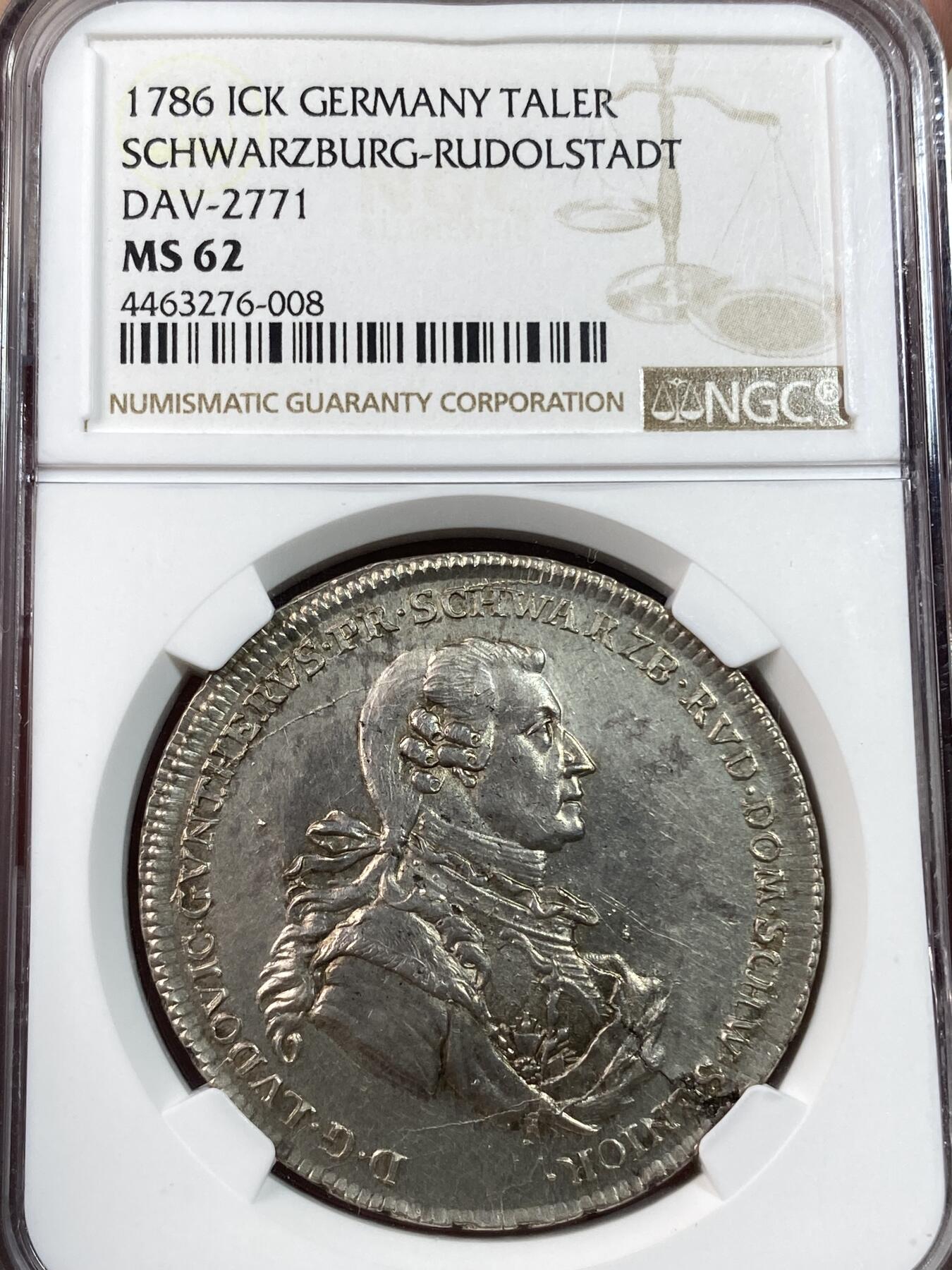 万国钱币拍卖第028期（花前月下●同享良章美币） NGC MS62 1786年德国施瓦茨堡-鲁多尔施塔特野人皇冠大泰勒 爆炸品种 MS极其难得 细节有多棒可通过野人及邦徽等精细部位一窥一二